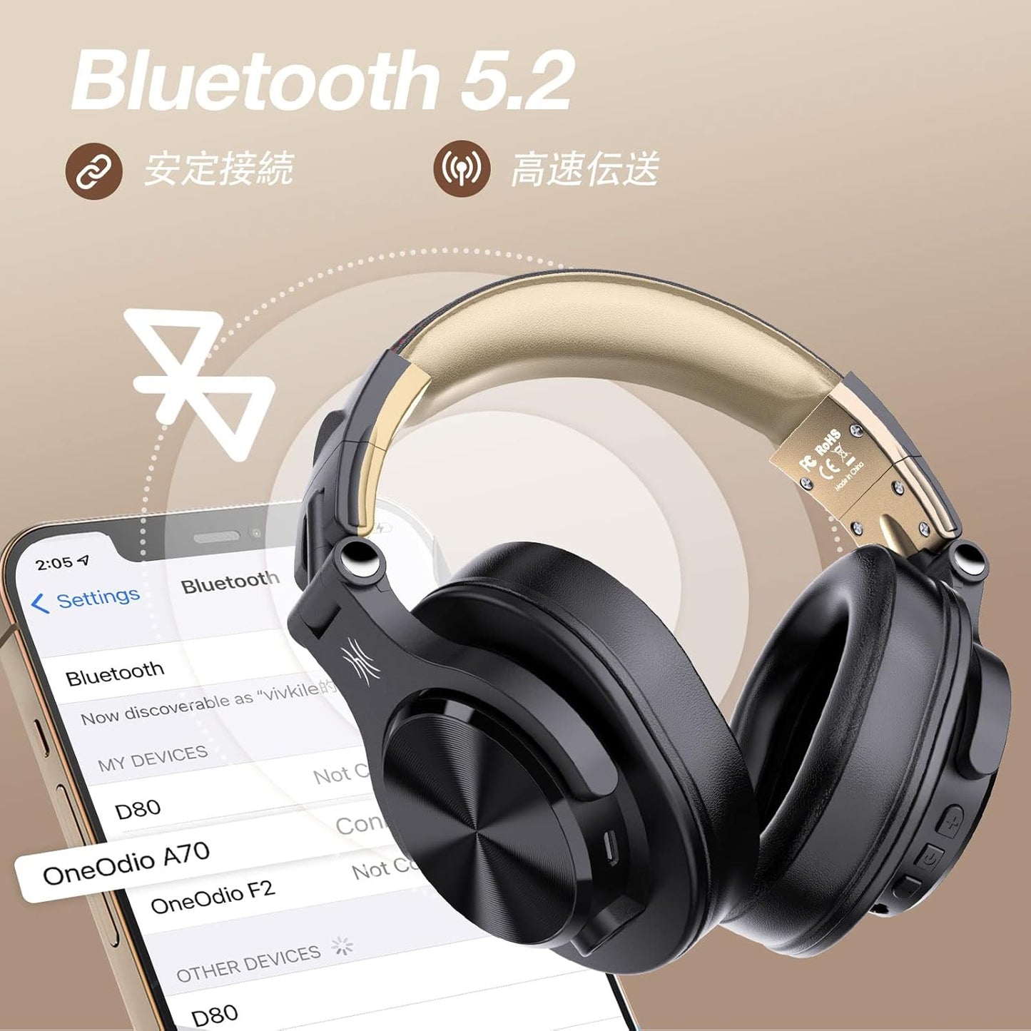 OneOdio A70 Bluetooth Headphones, Over-Ear, Wireless Headphones, Up to 72 Hours of Playtime, Includes Mic, Wireless, Dual-Use, Monitor, DJ Headphones, Detachable Cable, Studio Recording, Musical