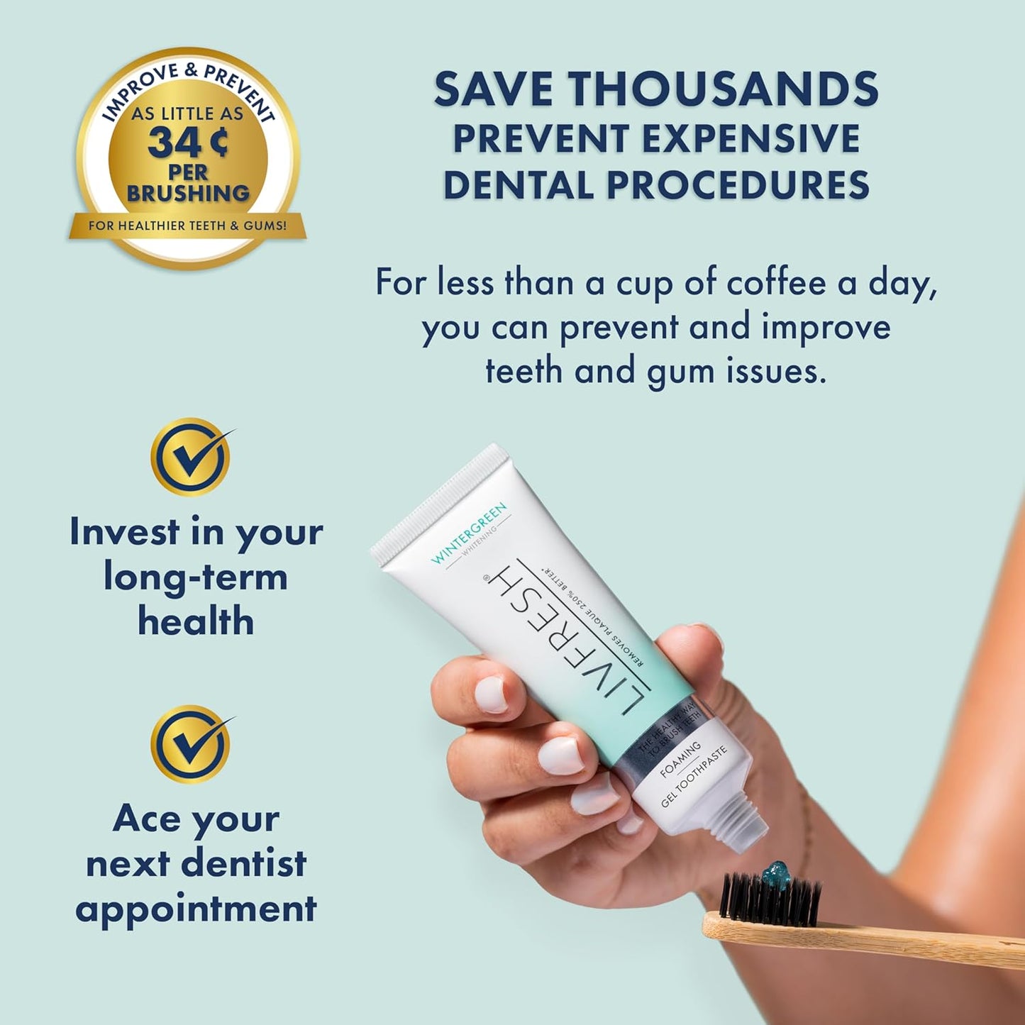 LivFresh Gel de pasta de dientes, clínicamente probado para eliminar la placa un 250% mejor, mejora la salud de las encías un 190% mejor, previene y reduce el sarro, refresca el aliento, gel dental