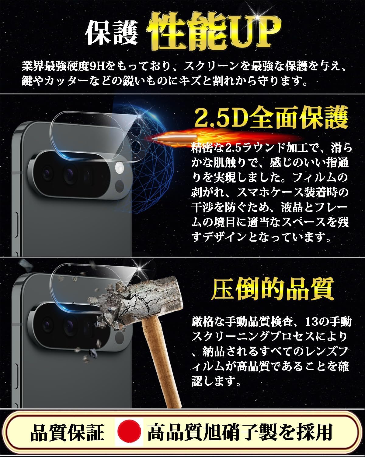 Compatible Google Pixel 10 Pro Camera Film, Google Pixel 10 Pro Camera Cover, 2 Piece Set, 9H Hardness, Fingerprint Authentication, Made in Japan, Asahi Glass, Water Repellent, Oil Repellent, Google