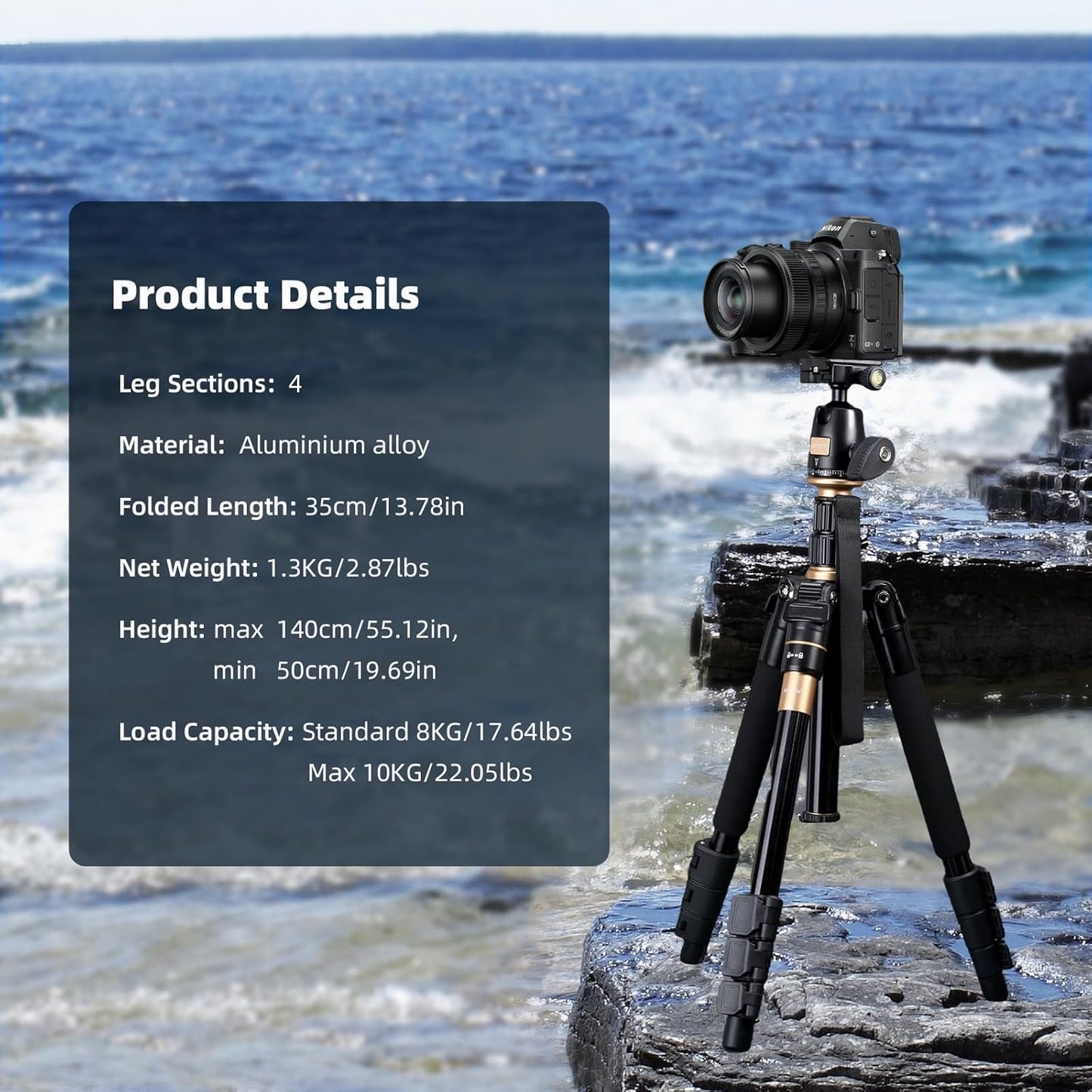 AFAITH Camera Tripod, Travel Tripod, 360 Degree Ball Head Monopod, Adjustable Monopod, 4 Tiers, Height 54.4 inches (139 cm), Length 14.4 inches (36.5 cm), Leg Diameter 9.4 inches (24 mm), Reverse