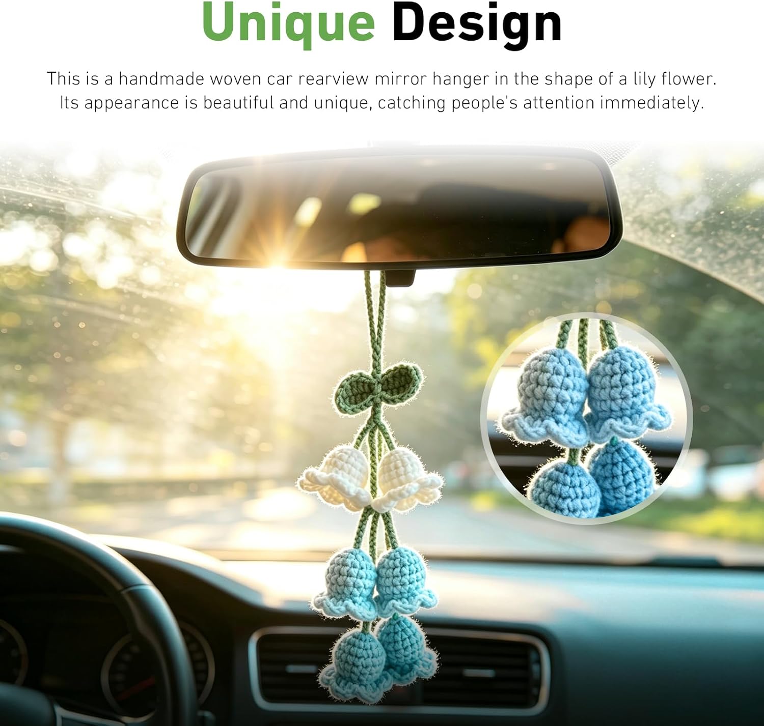 Car Mirror Lily Flower Hanging Ornament, Handmade Knitted Sweet Flower Design Rear View Mirror Pendant, Gradient Auto Interior Rearview Decor, Universal for Most Cars, SUVs, Trucks (Blue)