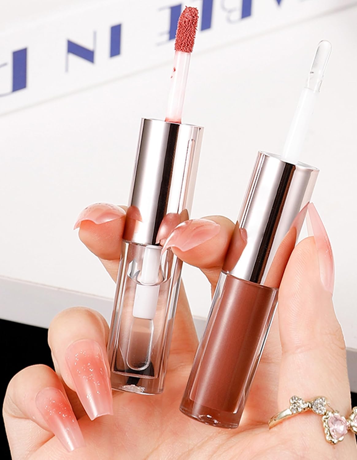 Erinde Lip Gloss, 2 in 1 Double Ended Lip Tint, No Falling Lip Mask, Popular, Long Lasting, Transparent, High Color, Double Texture Lip, Moisturizing Lipstick, For Beginners, Daily Use, Cosmetics