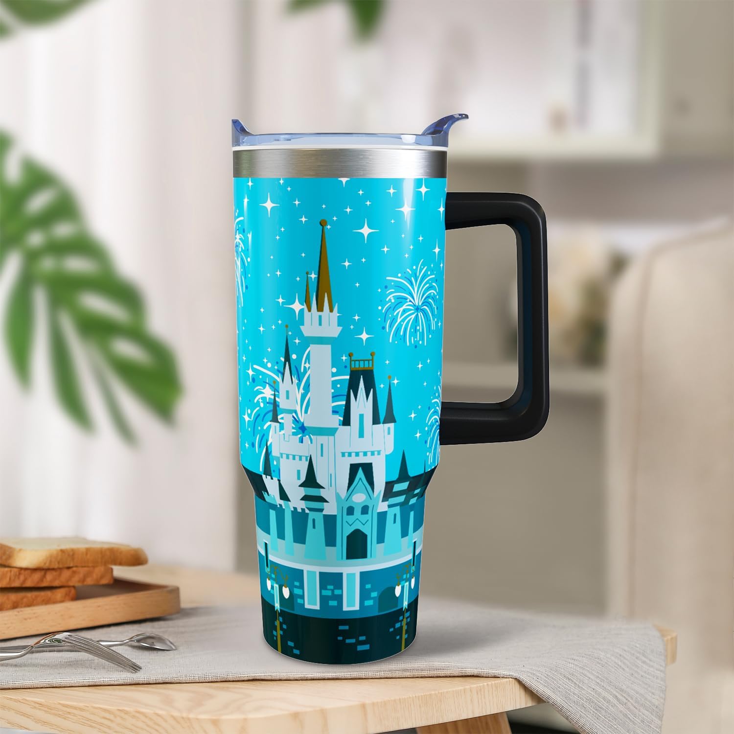 Vaso de 30 onzas con diseño de castillo de dibujos animados, con asa, tapa y pajilla, vaso aislado de acero inoxidable, taza de café de viaje con fuegos artificiales, regalo de cumpleaños, Navidad