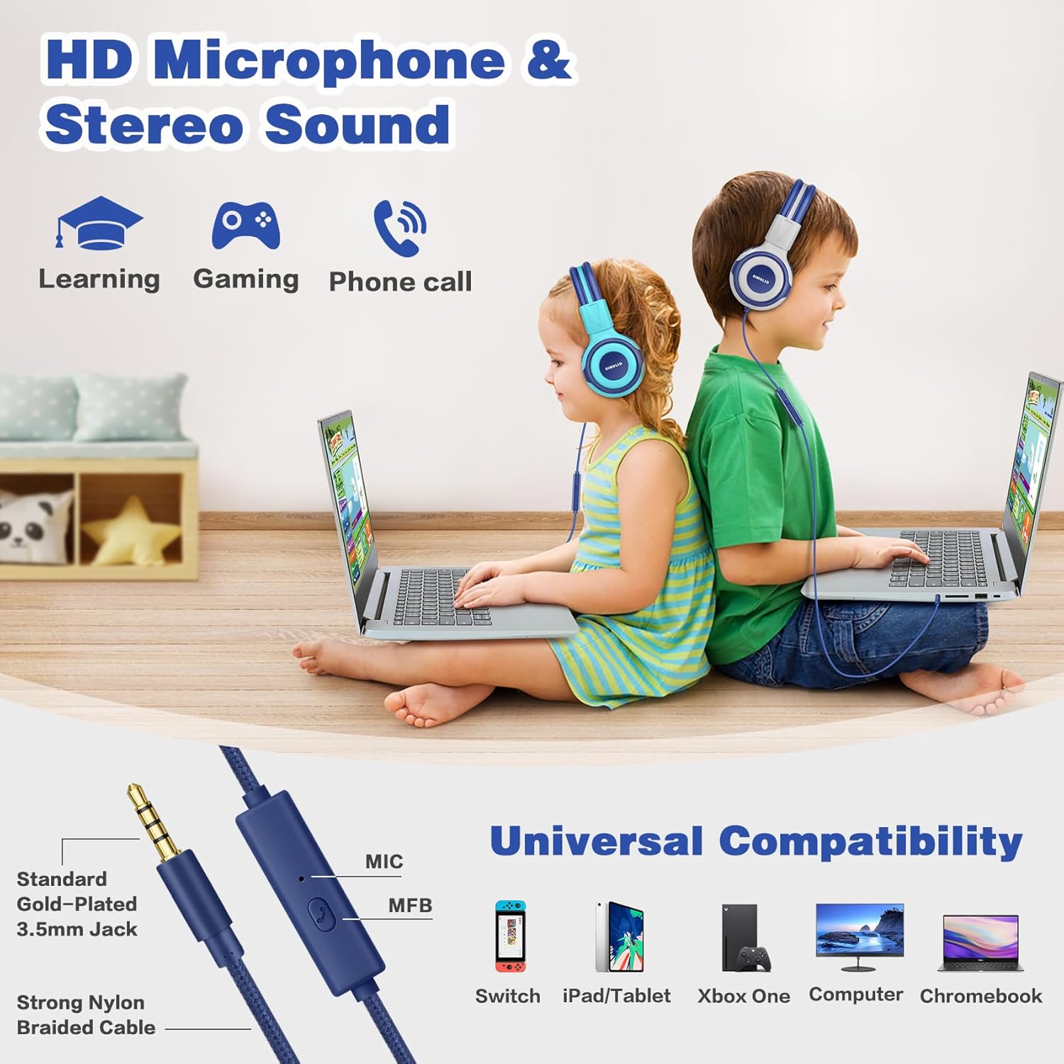 SIMOLIO Manyshare Series - 2 Pack Kids Headphones for School with Sharing Port 75/85/94dB Volume Limited Wired Headphones with Mic for Chromebook iPad Foldable Headset Airplane School Gaming for Boys Girls