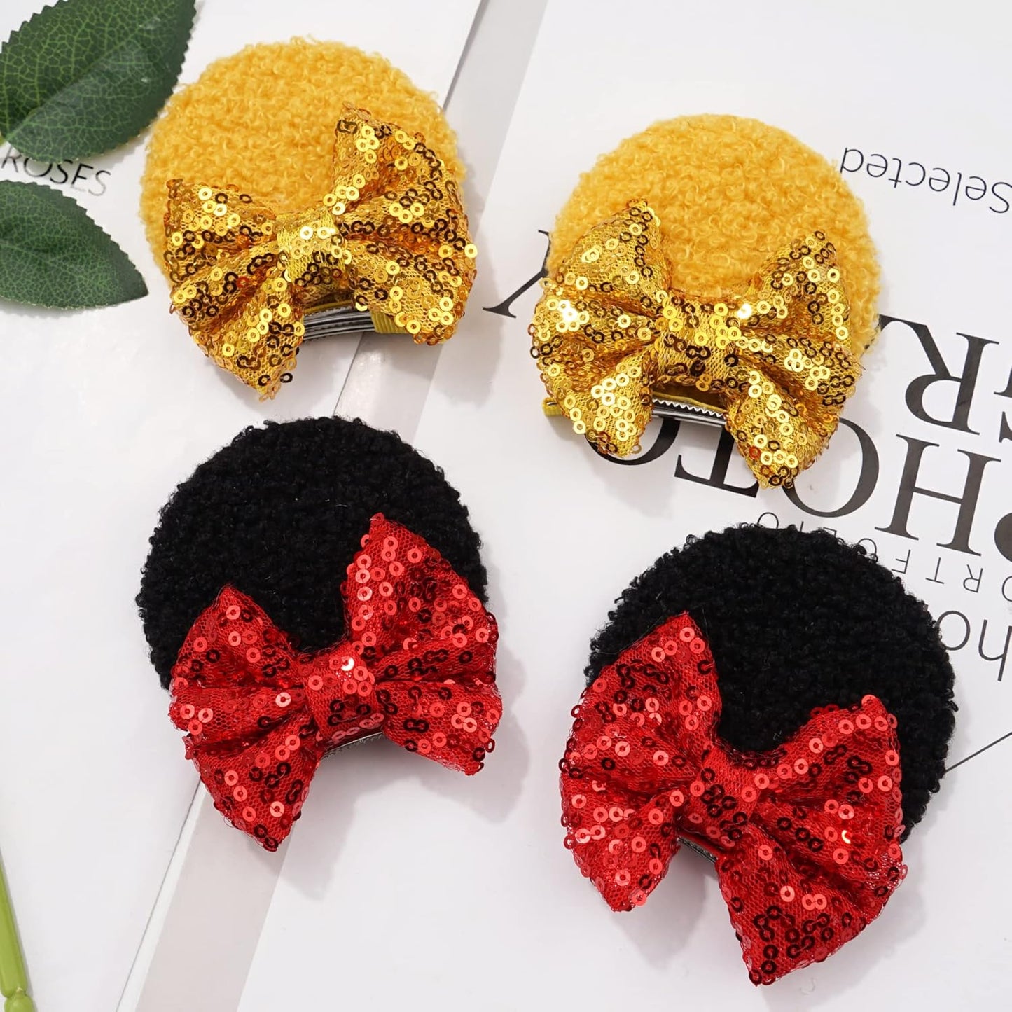 Qearl 12 piezas de orejas de ratón de lentejuelas, lazos para el pelo de ratón con pinzas de cocodrilo, accesorios para el cabello para parque temático, decoración de fiesta de disfraces para niñas pequeñas