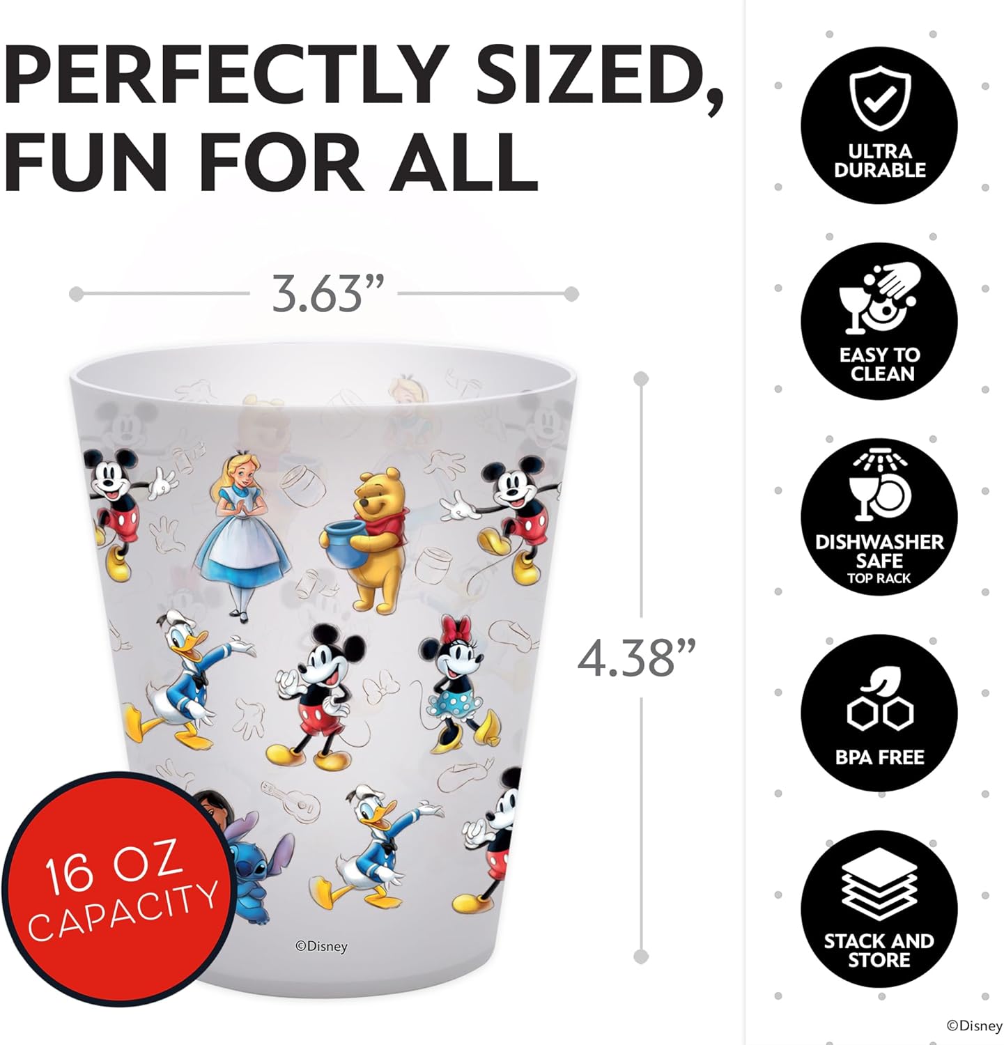 Vasos de plástico reutilizables de Disney – Paquete de 4 vasos de plástico para beber de 16 oz con diseños de Mickey, Stitch, Pooh o Disney100 – Sin BPA, apilables, seguros para lavavajillas en la