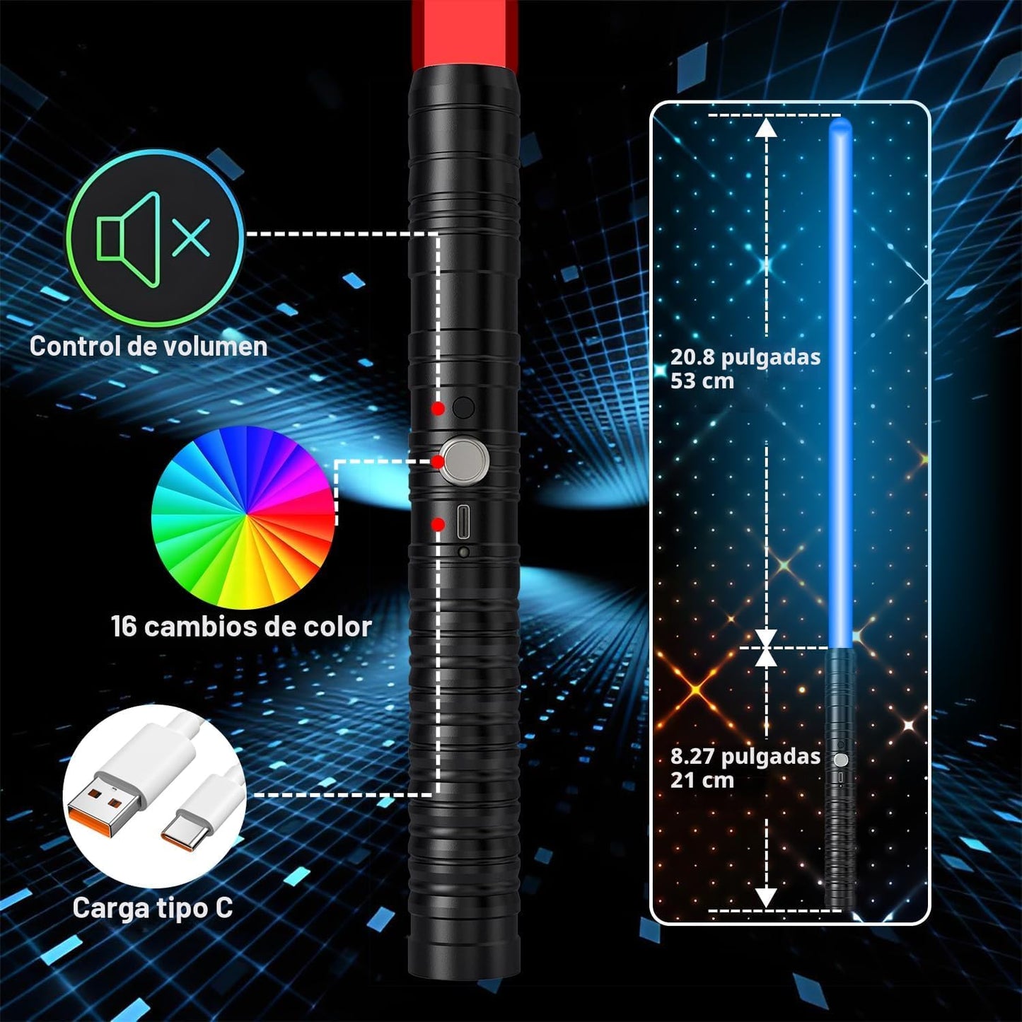 Oueyes Sables de luz con empuñadura de metal para duelo, sables de luz RGB de 16 colores, sonido FX, hoja doble, espada recargable para niños y adultos, regalo para cumpleaños, Acción de Gracias