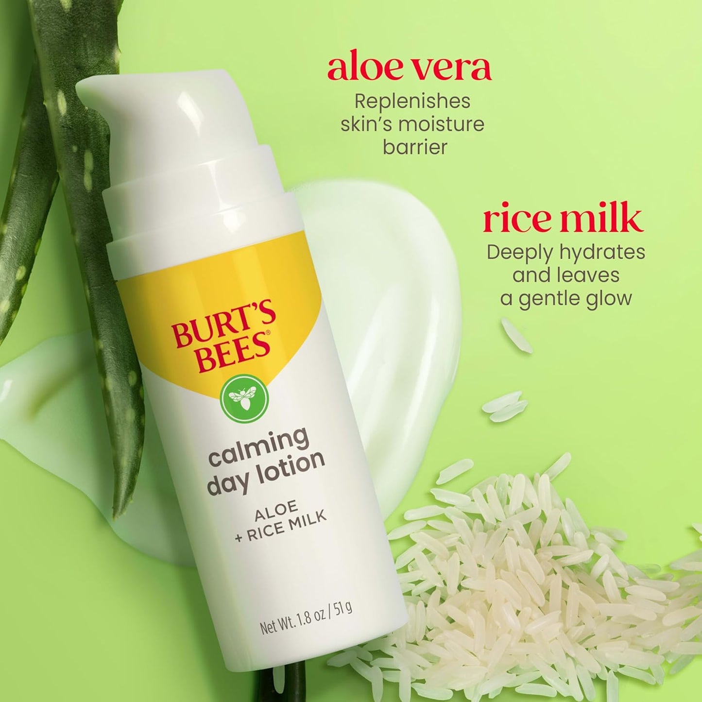Burt's Bees - Loción facial calmante de día con aloe y leche de arroz, loción facial calmante para piel sensible, 98.9 por ciento de origen natural para el cuidado de la piel, botella de 1.8 oz. 52.6