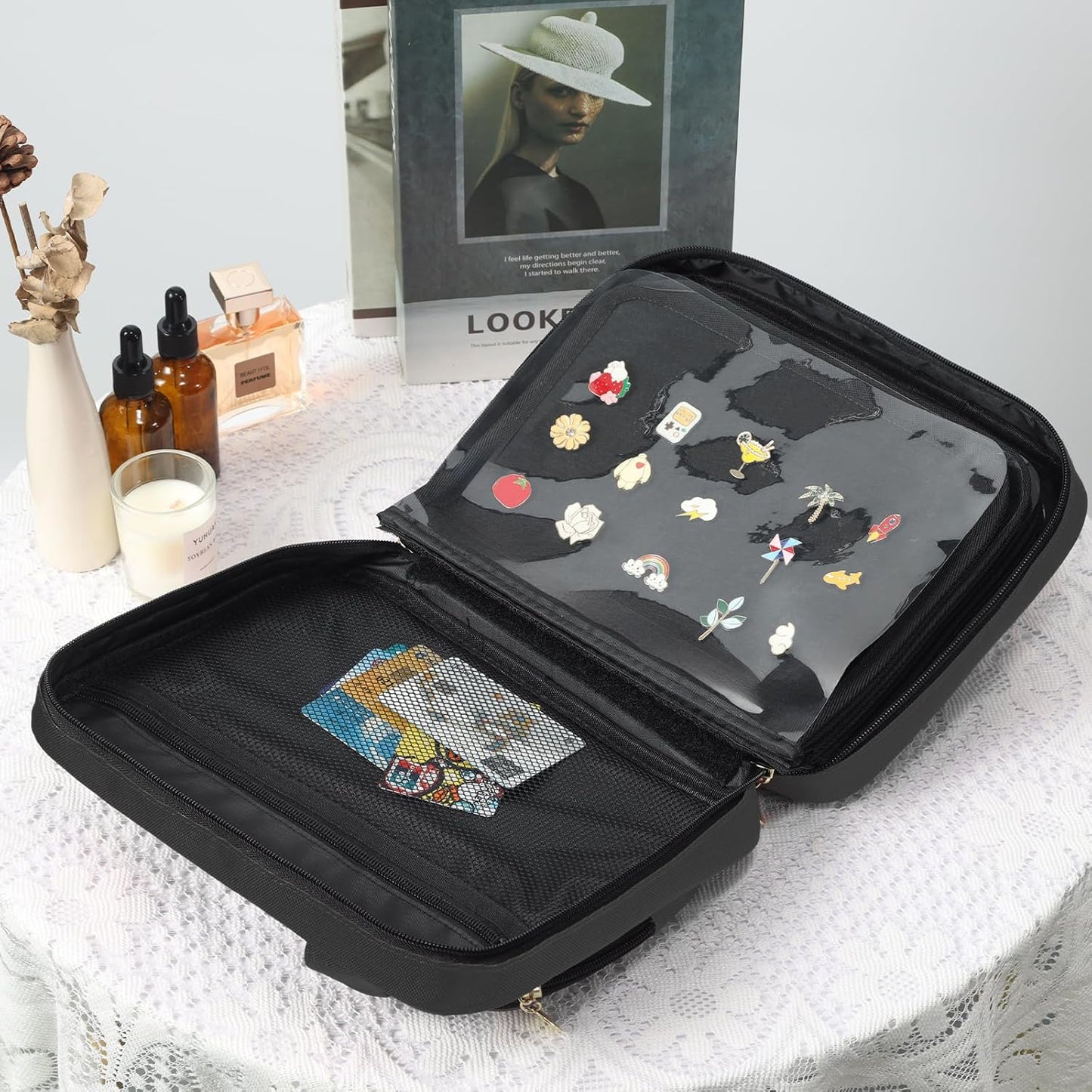 Bolsa de exhibición de pines esmaltados, libro de intercambio de pines de 8 páginas, tablero de pines coleccionable, adecuado para almacenar alfileres, broches, parches (negro)