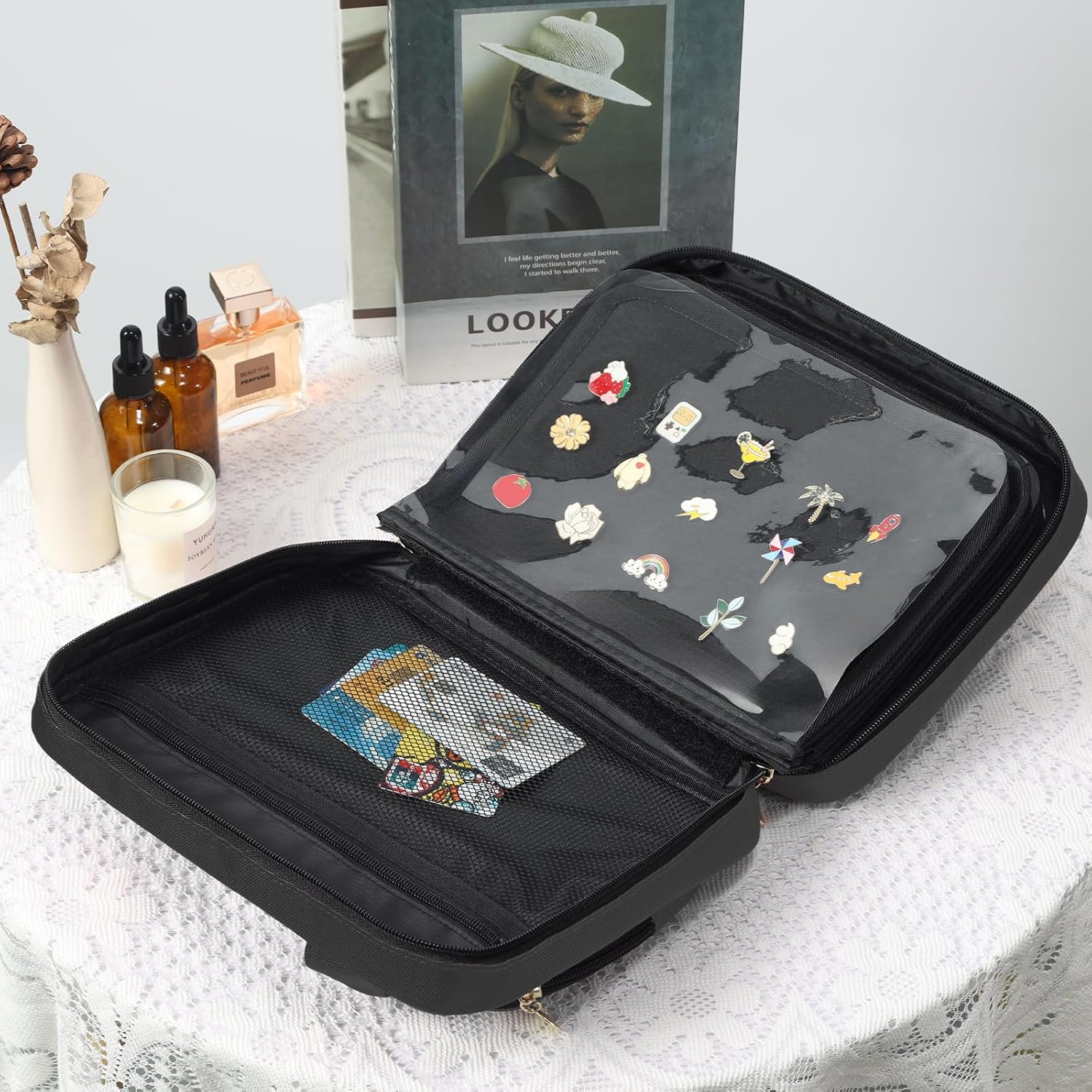 Bolsa de exhibición de pines esmaltados, libro de intercambio de pines de 8 páginas, tablero de pines coleccionable, adecuado para almacenar alfileres, broches, parches (negro)