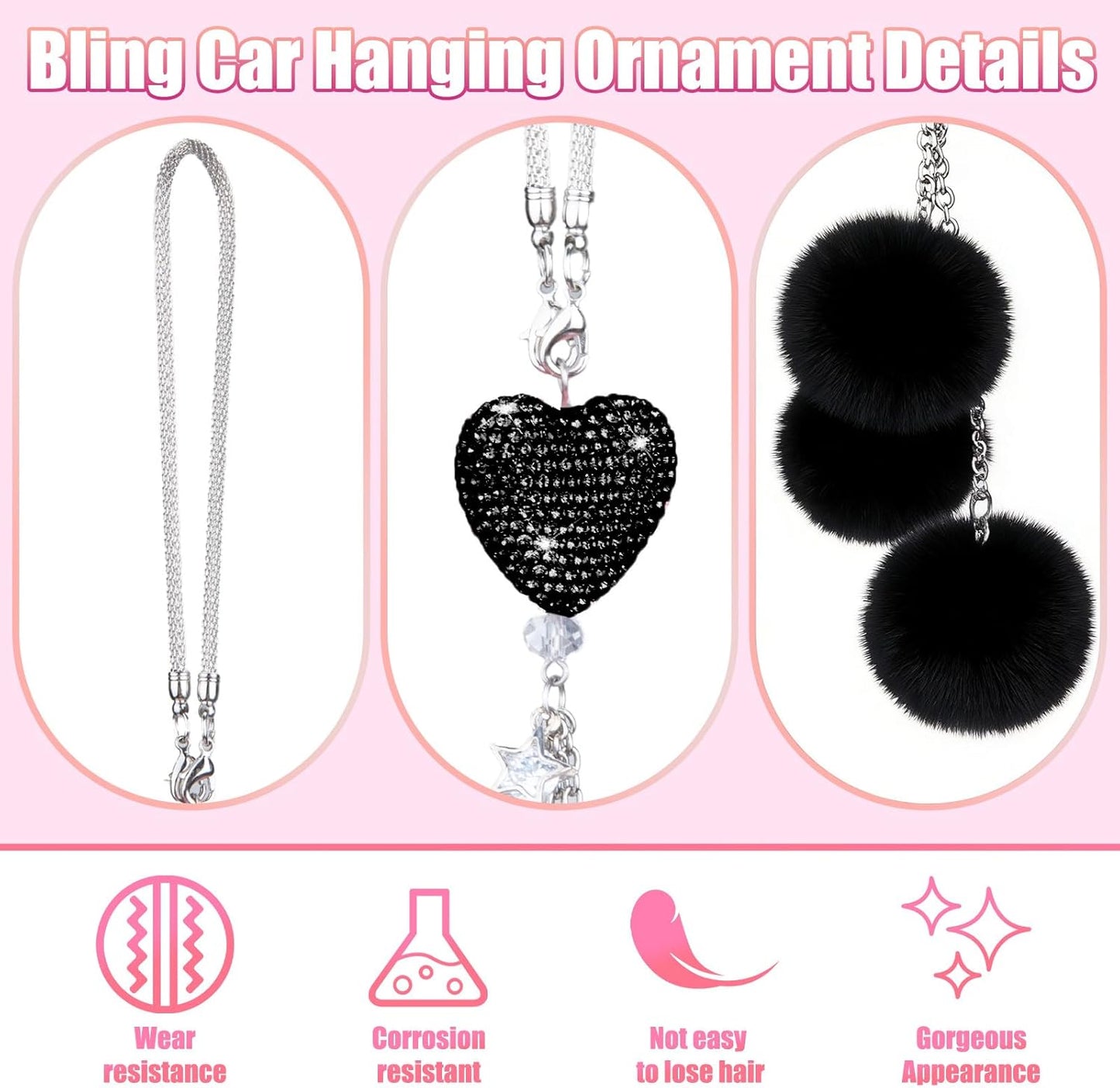 Adorno brillante para colgar en el automóvil, accesorios de espejo de automóvil para mujer, corazón de diamante y bola de felpa mullida, accesorios de automóvil para colgar, colgante para espejo