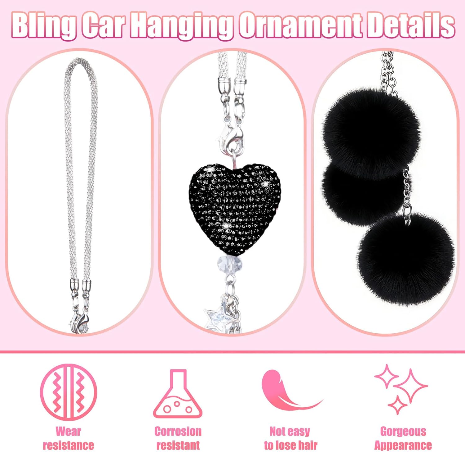 Adorno brillante para colgar en el automóvil, accesorios de espejo de automóvil para mujer, corazón de diamante y bola de felpa mullida, accesorios de automóvil para colgar, colgante para espejo