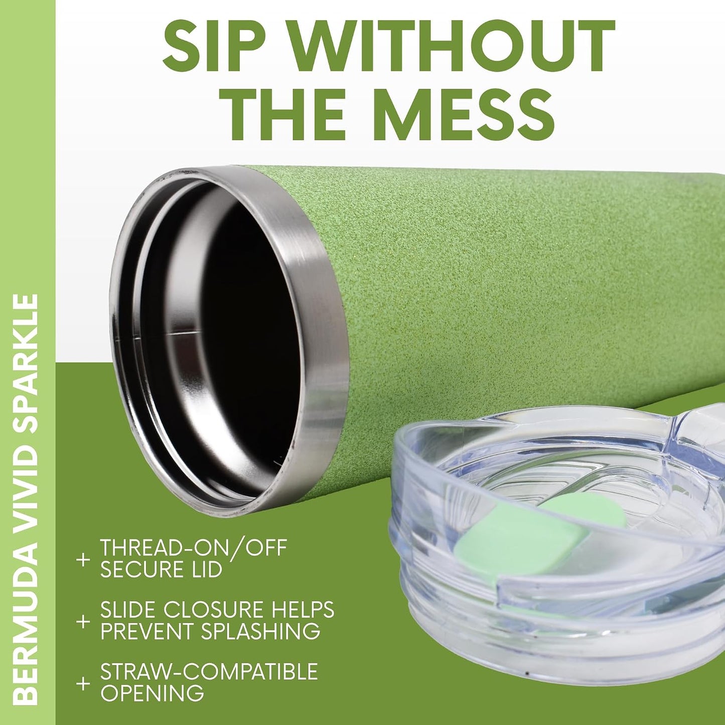MyBevi Bermuda Vivid Sparkle - Vaso de acero inoxidable aislado con tapa, doble pared sellada al vacío, taza de viaje apta para soportes de automóvil, 20 onzas, verde menta