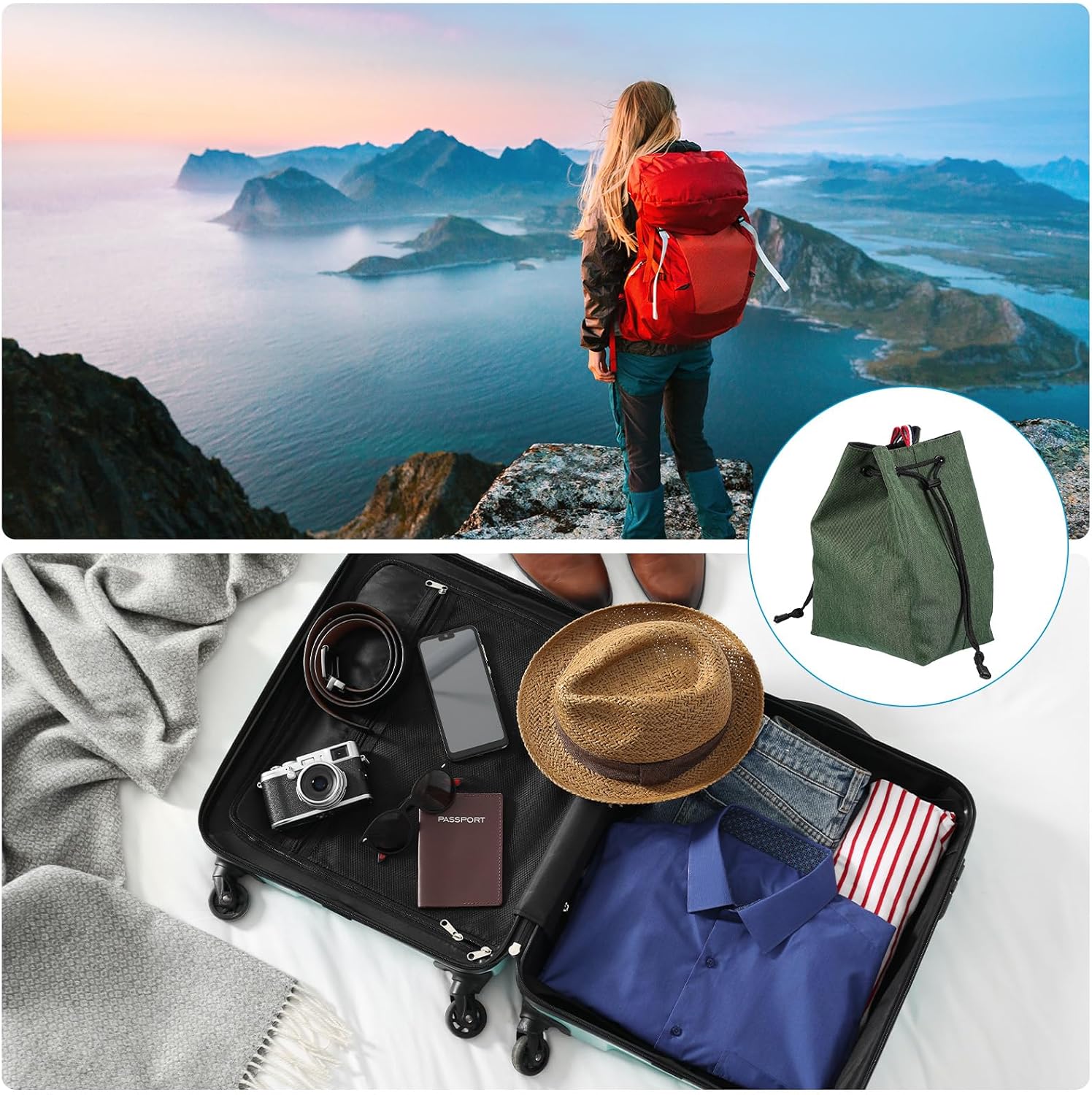 PATIKIL Drawstring Camera Bag 6.69"x4.72"x0.12" Waterproof Camera Drawstring Shoulder Bag with Camera Strap for Nikon DSLR Camera Lens Green