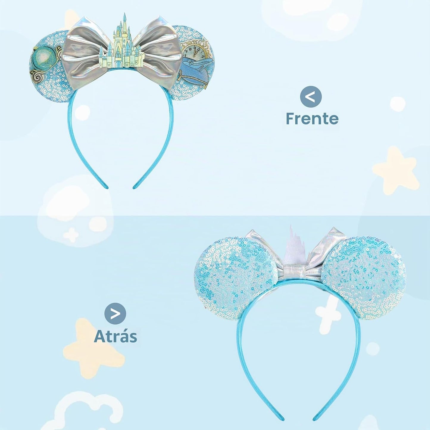 LYLIN Diadema con orejas de ratón, orejas de ratón azules con lazos de castillo para mujeres y niñas, accesorios para el cabello, orejas de parque, viajes, fiesta, cosplay, accesorios