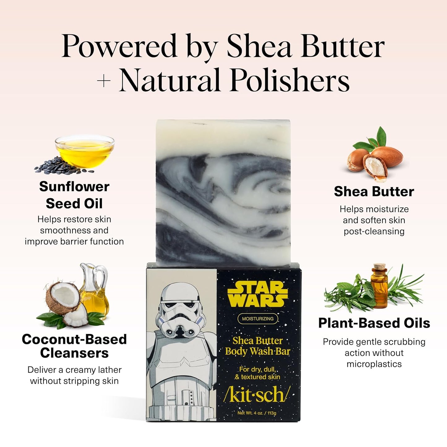 Kitsch Jabón corporal exfoliante de manteca de karité x diseño de Stormtrooper de Star Wars, jabón en barra hidratante y barra de jabón suave, hidrata, suaviza y calma la piel, sin parabenos, silicona