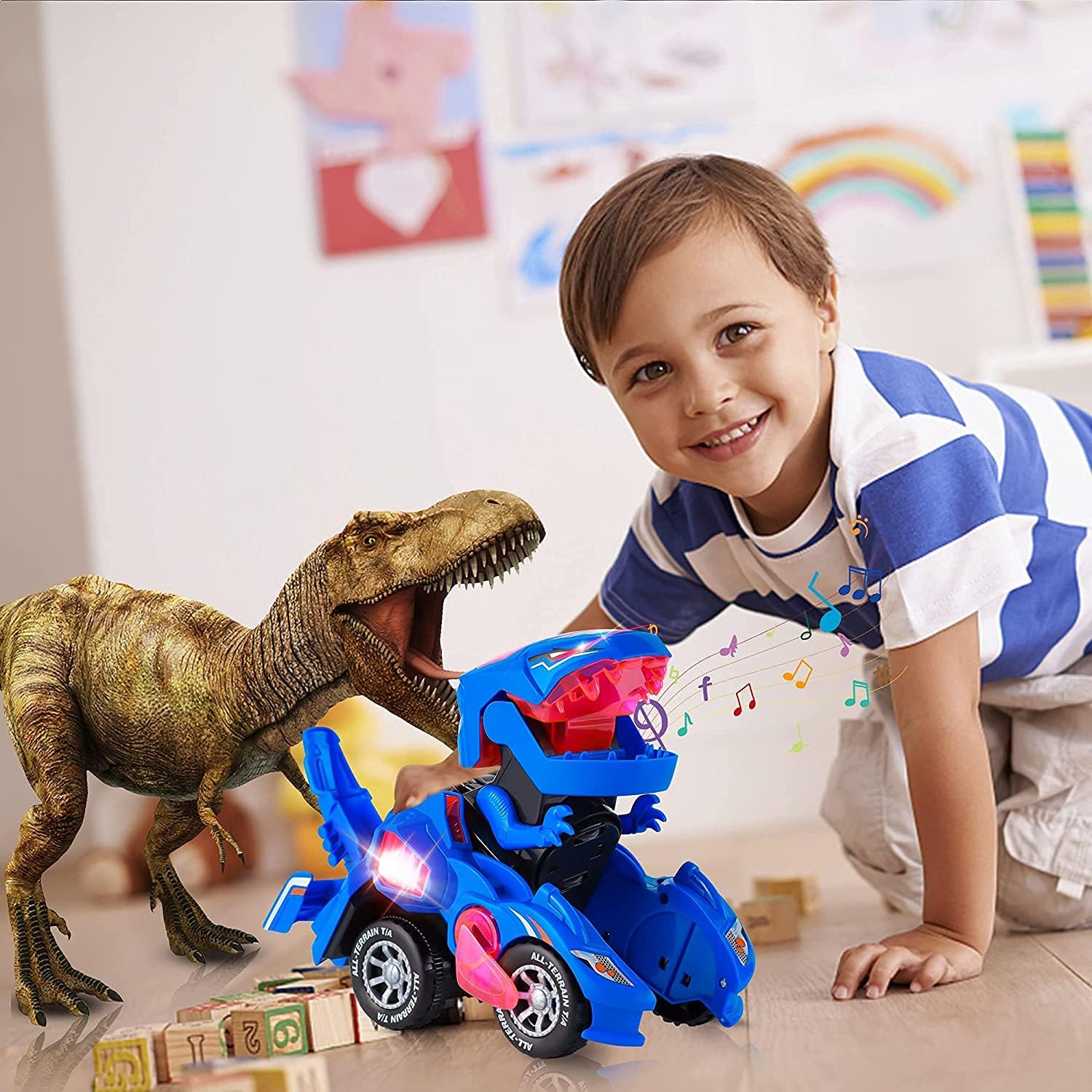 Dinosaur Transforming Robot Car Toy, LED Car with Light Sound, Singing Toy Car, Integrated Auto Transformation, Light Music, Popular Gift for Kids