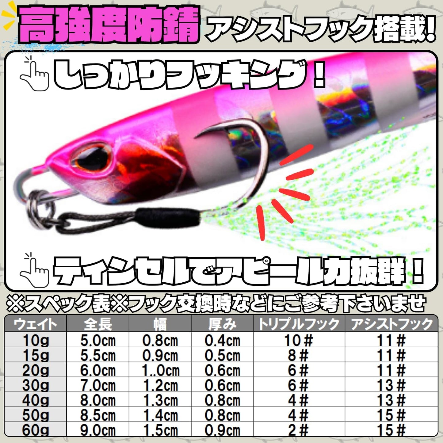 Metal Jig, Popular Color Set, Set of 5, 0.3 oz (10 g), 0.5 oz (15 g), 0.7 oz (20 g), 1.2 oz (30 g), 1.4 oz (40 g), 50 g, 2.1 oz (60 g), Reinforced Assist Hooks with Solid Rings