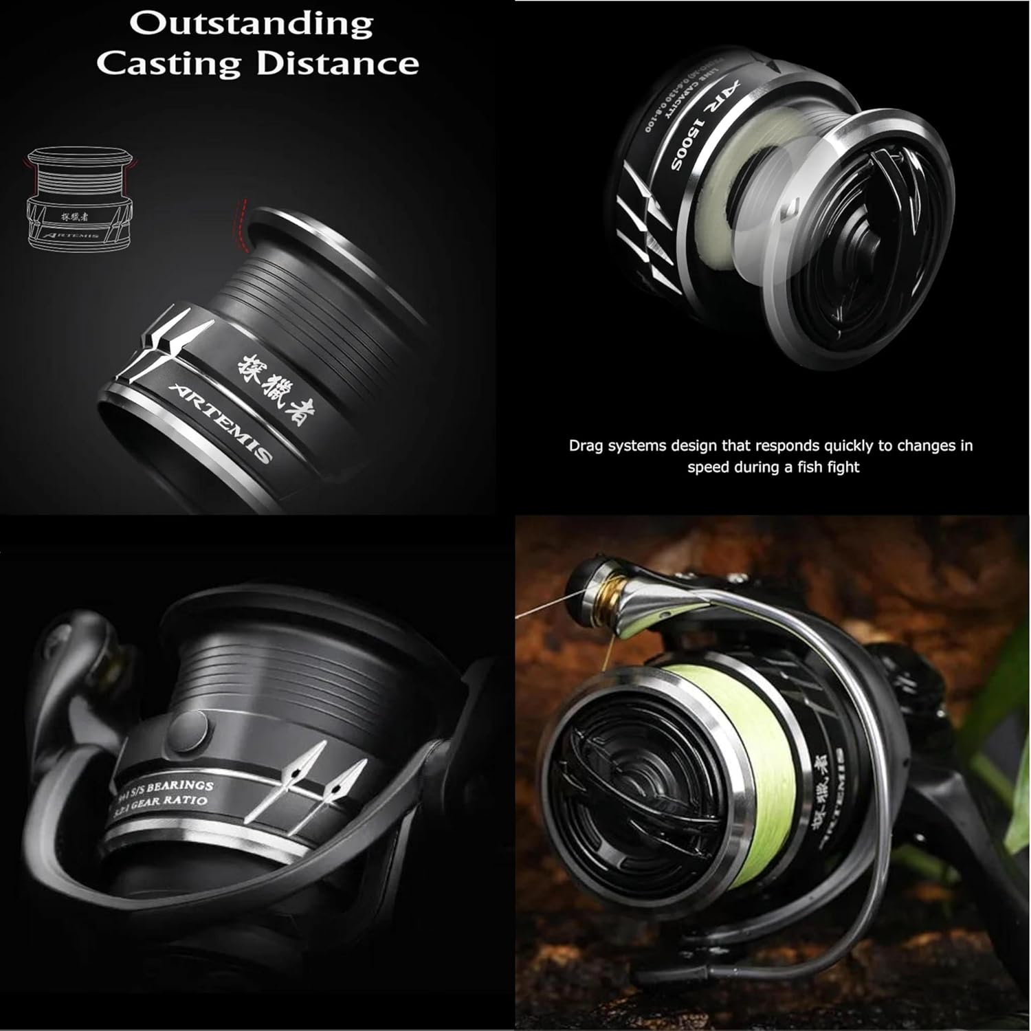 Spinning Reel, Normal Gear Ratio, 5.2:1, Shallow Groove Spool, 800, 1500S, Low End Model, Artemis AR-