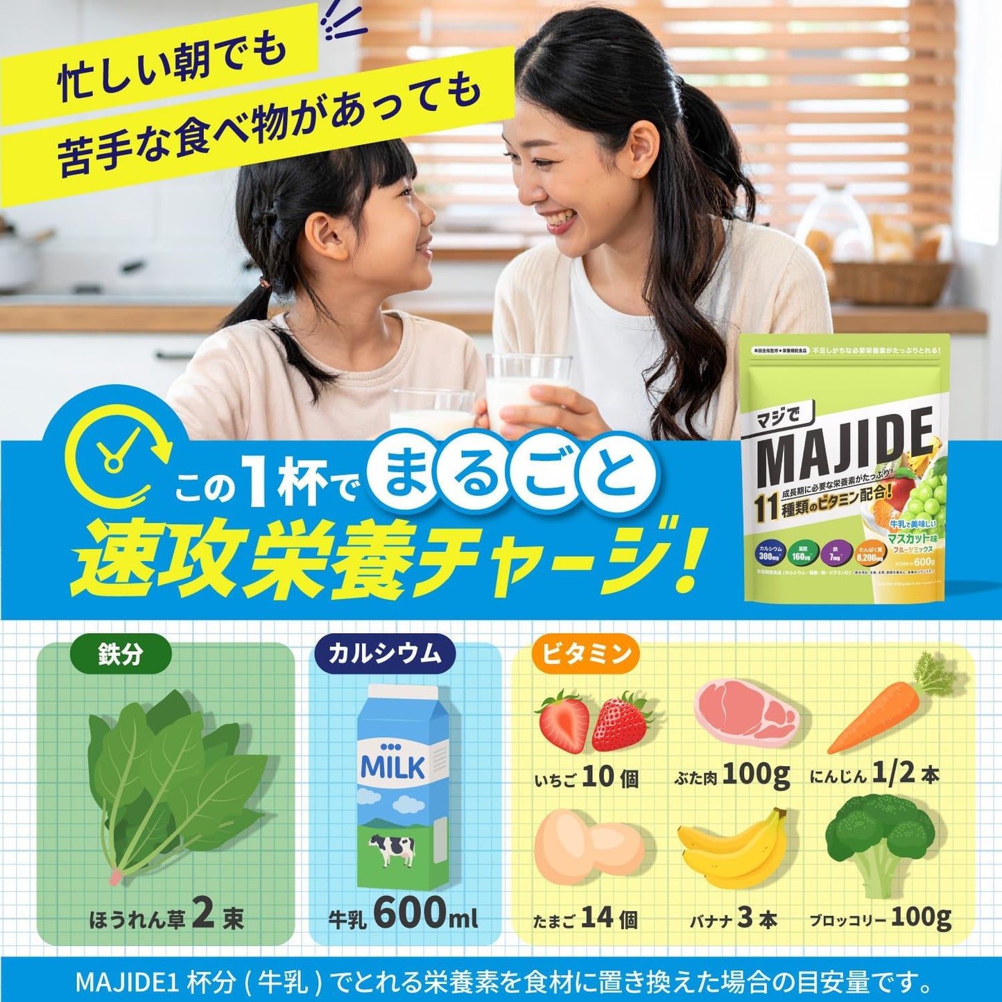 MAJIDE ジュニアプロテイン マスカット(フルーツミックス) 本田圭佑 完全栄養食 30食分 600g マジで 朝の完全栄養 栄養機能食品 マスカット(フルーツミックス)味 11種のビタミン配合 栄養士監修 子ども 朝食 成長 鉄分 サプリ 朝ごはん キッズプロテイン