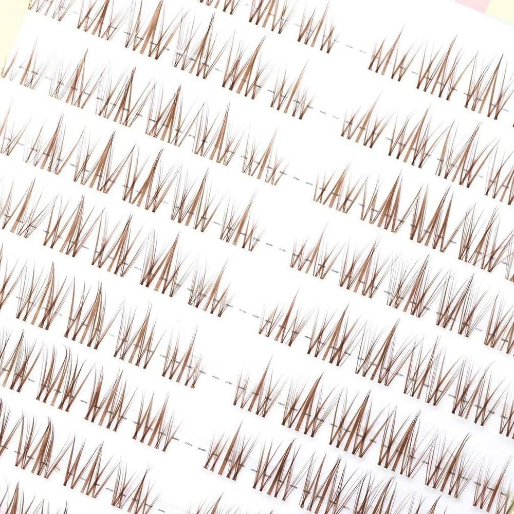 Coffee color individual false eyelashes cluster, long natural false eyelashes, soft transparent stem false eyelashes, invisible bands, handmade eye makeup tools
