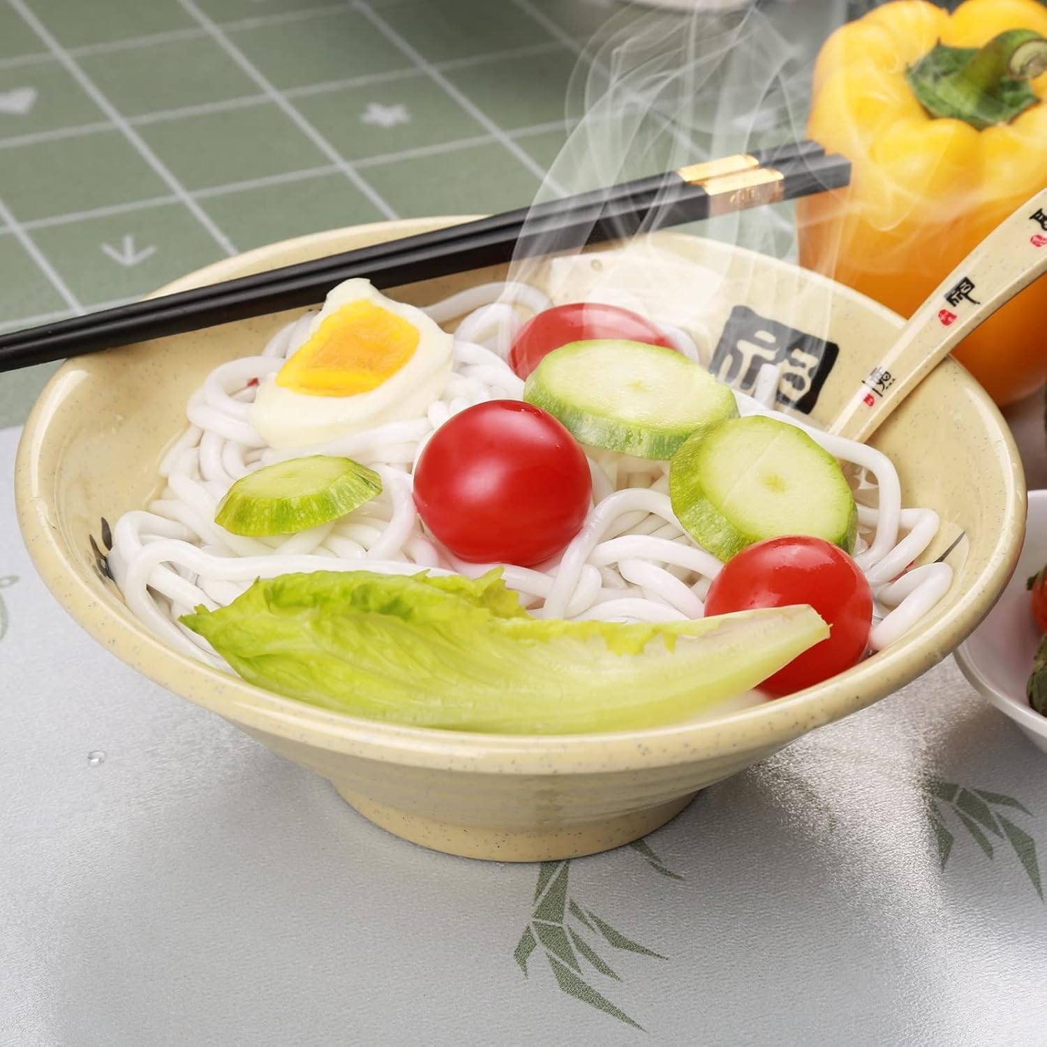 Melamine Ramen Bowl Chinese Japanese Style Soup Bowl Ramen Japanese Ramen Bowl, Instant Ramen Bowl, For Udon, Soba, Fo, Noodles, Breakfast, Melamine Material, Soup Bowl, Ramen, Asian Cooking (Color: A-6 sets/beige, Size: 8 inches)