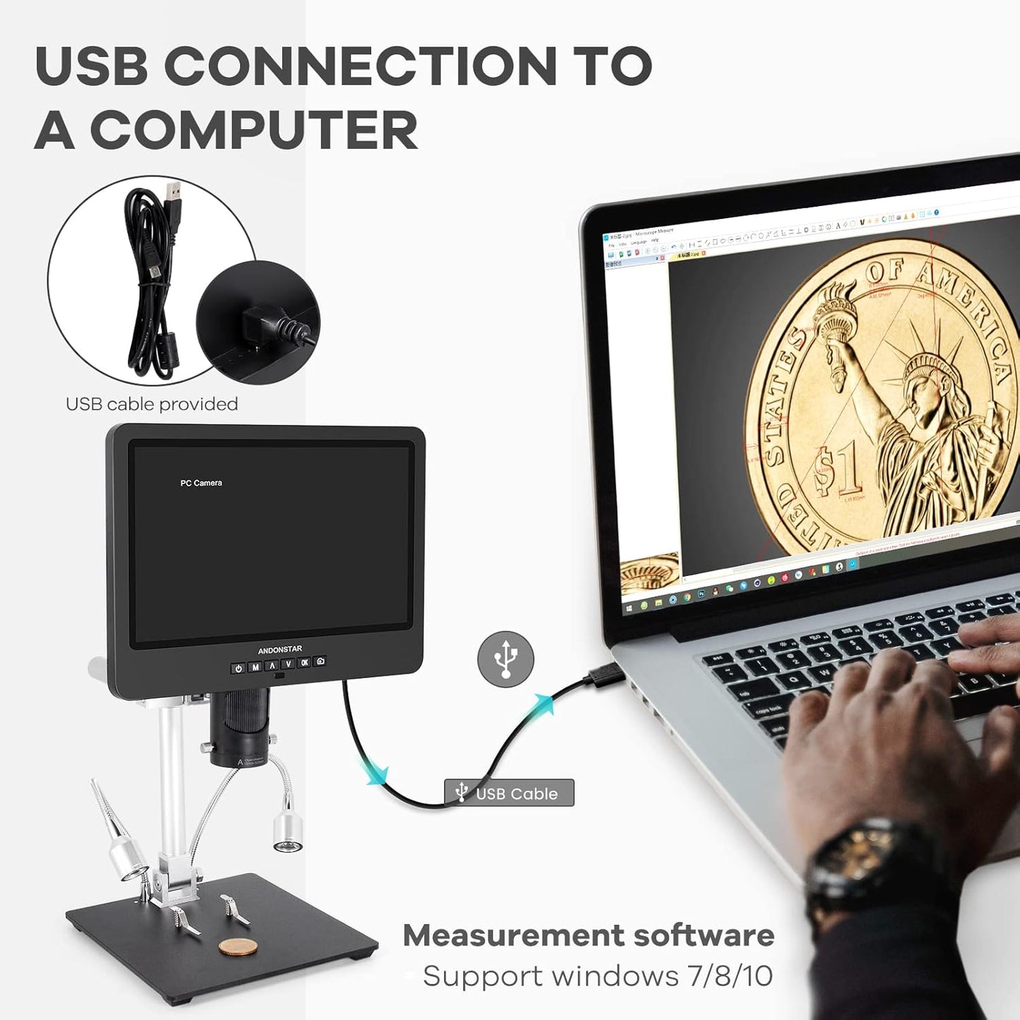 Andonstar AD249S HDMI Digital Microscope with 10.1" Screen, Soldering Microscope with Metal Stand, 2000X 3 Lens Coin Microscope Kit for Kids and Adults, Photo/Video Recording, Windows Compatible