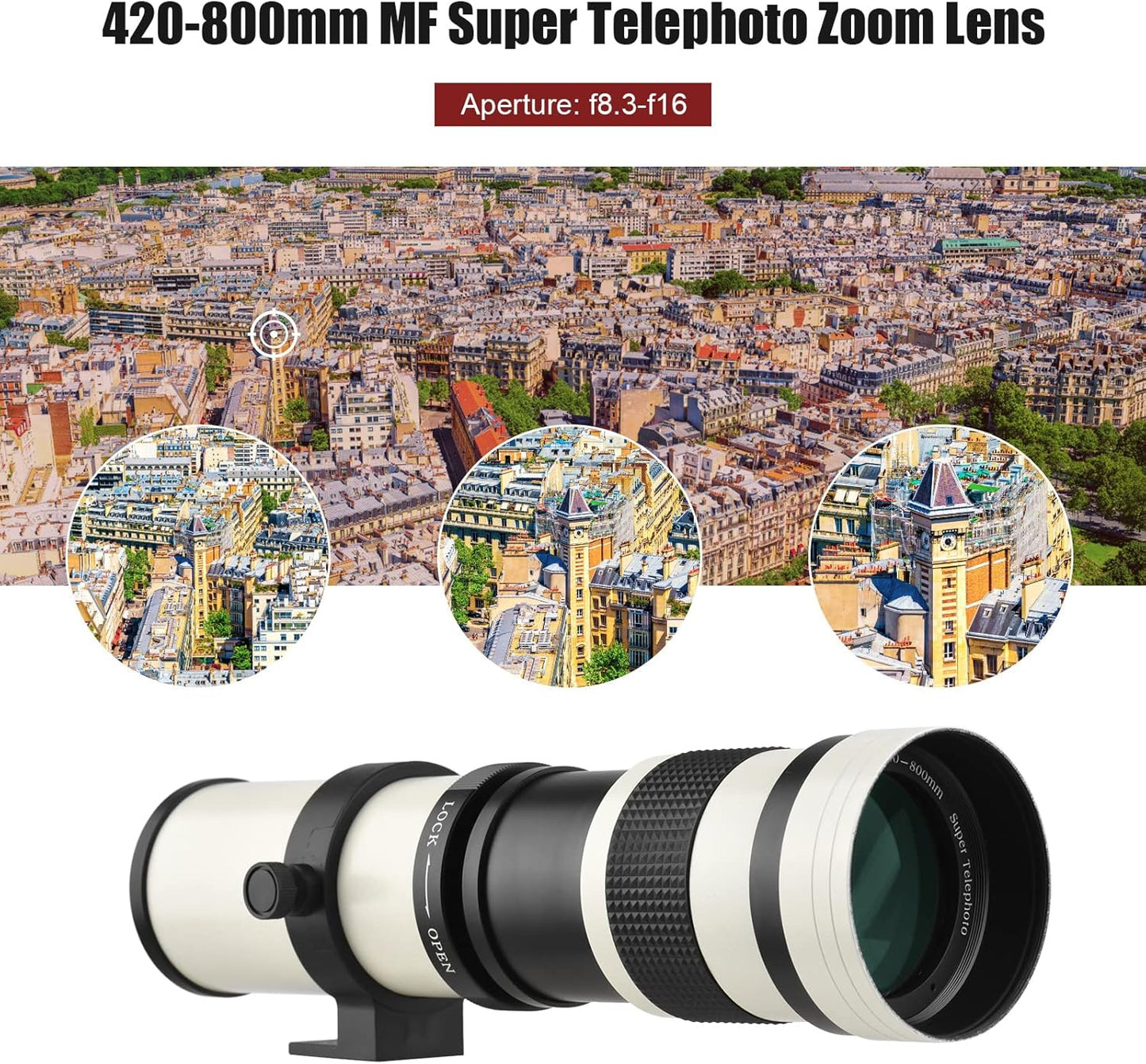 Super Telephoto Zoom Lens F/8.3-16 420-800mm T-Mount | For Canon Nikon Sony Fujifilm Olympus Cameras | Universal 1/4 Thread Replacement