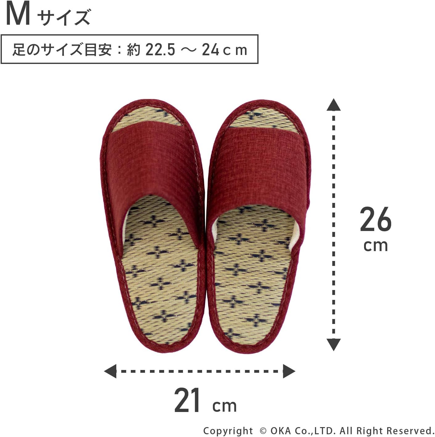 OKA 4548622995152 Tatami Slippers, Made in Japan, Size M, Red (Foot Size Up to US Women 8 (24 cm)), Igusa (Rush Grass)