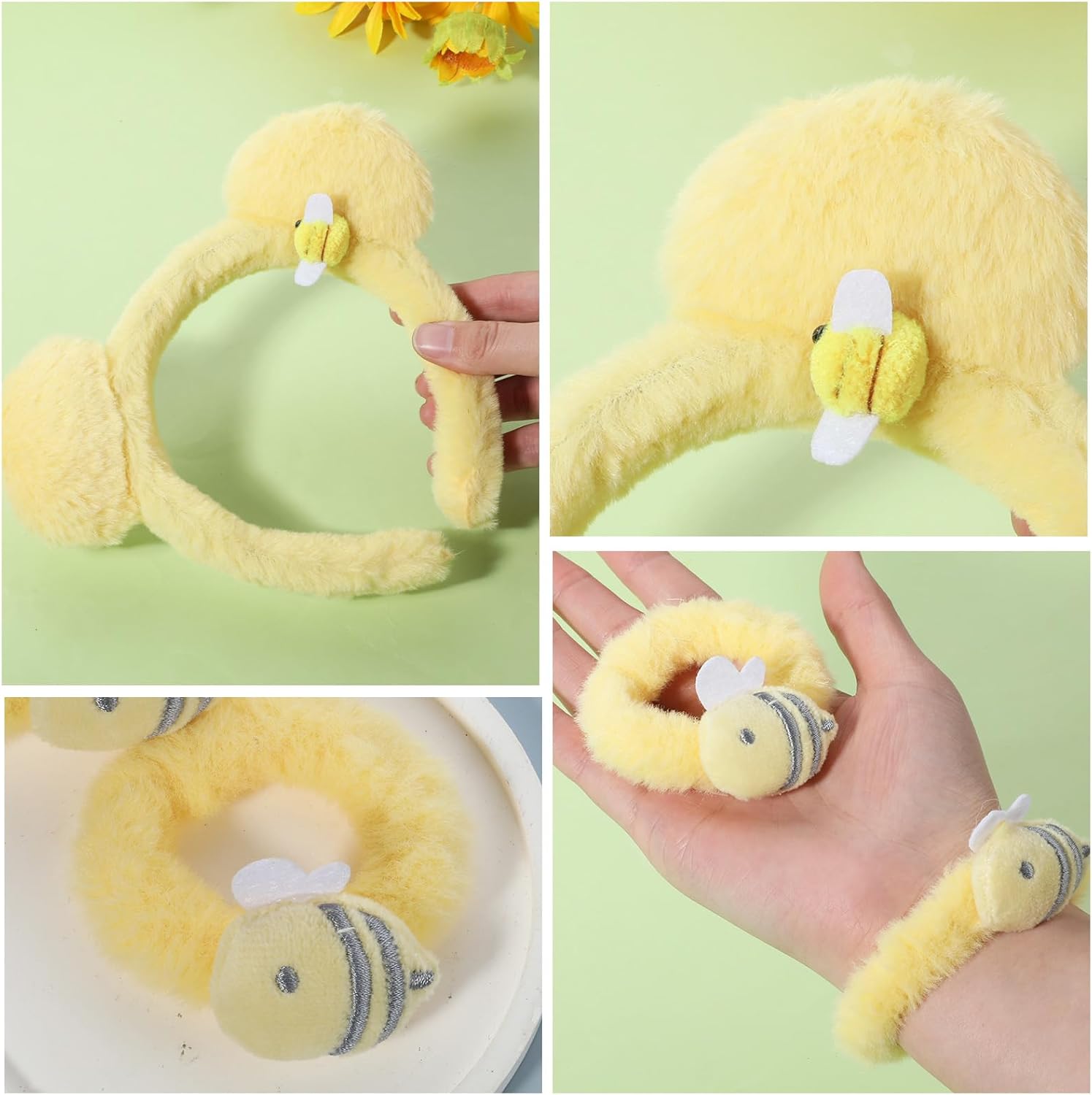 Ptwola 3 Pack Yellow Bear Ears Headbands Cute Headbands for Party Makeup Face Wash Accessories for Halloween Festival Cosplay Party