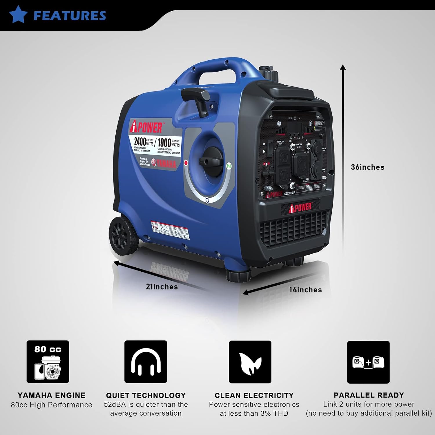 A-iPower Portable Inverter Generator 2400W Ultra Quiet Yamaha Engine Powered RV Compatible EPA & CARB Compliant Ultra Light Backup Home Tailgate Camping (SC2400iP)