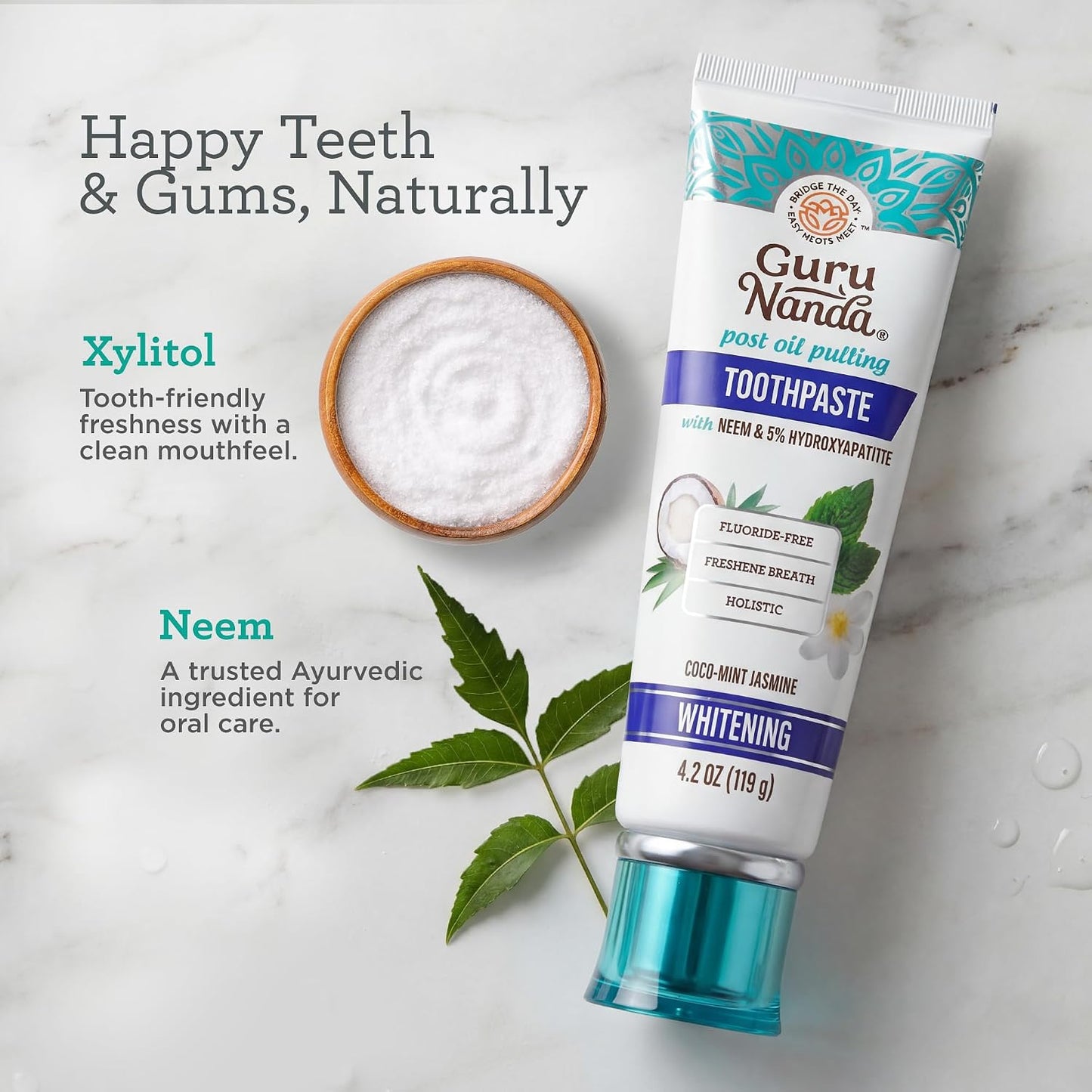 GuruNanda Pasta de dientes con hidroxiapatita, libre de SLS y fluoruro, pasta de dientes blanqueadora con raspador de lengua y exprimidor - Refresca la respiración, combate la placa - CocoMint natural