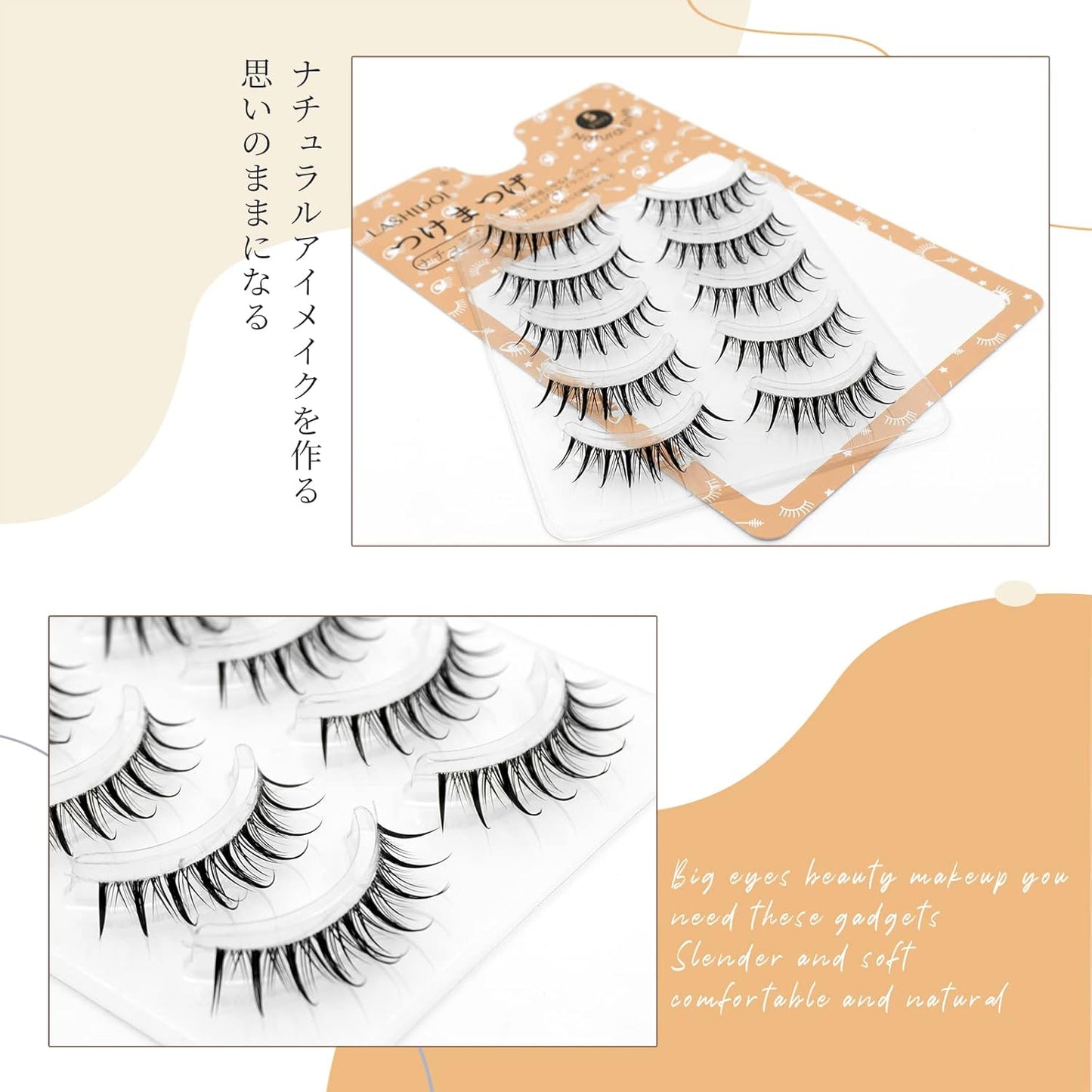 LASHIDOL Natural False Eyelashes, Corner of Eyes, Thin Transparent Axis, Handmade, Natural (manga lash no.03)
