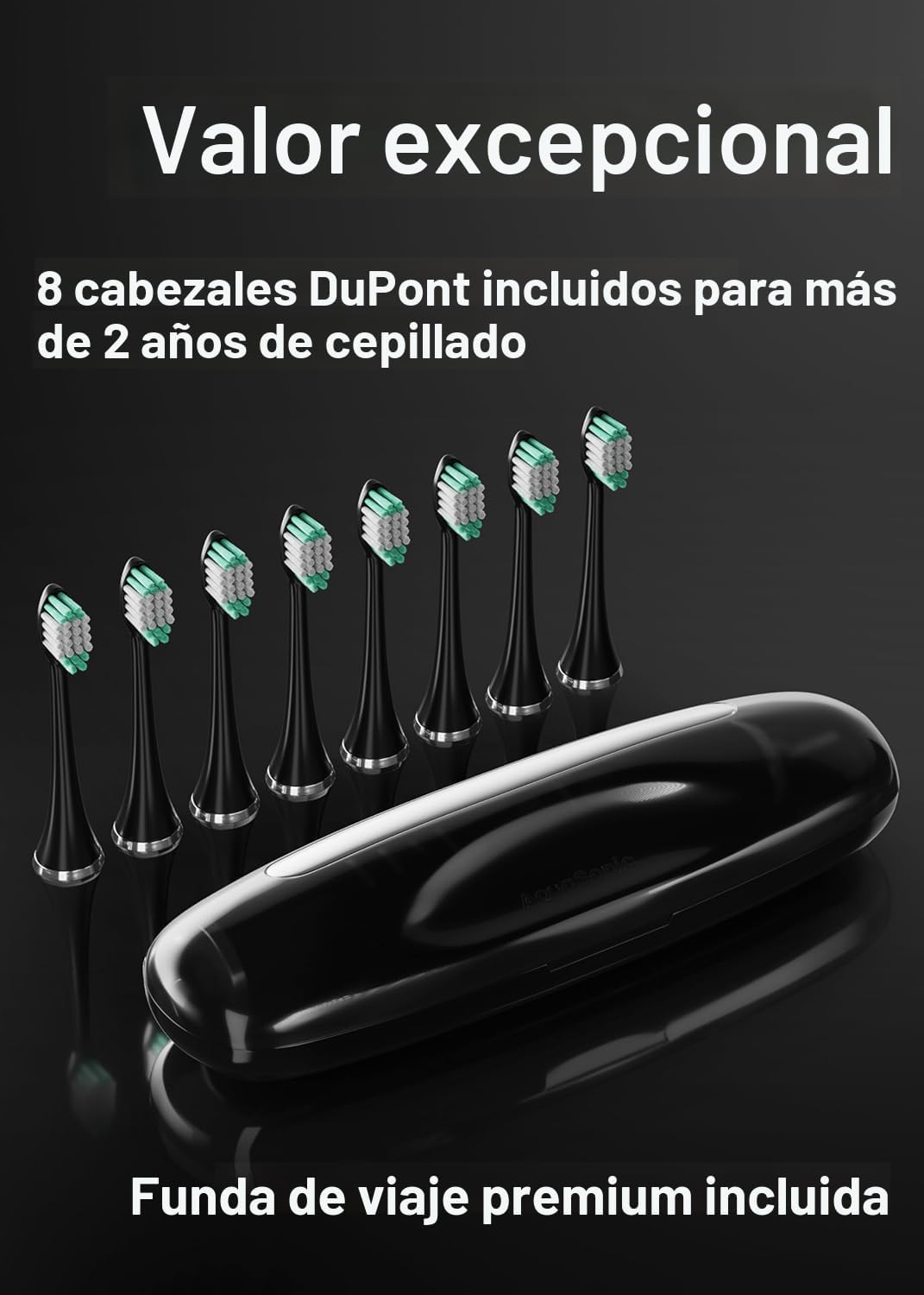 Cepillo de dientes AquaSonic Black Series, ultrablanqueador, 8 cabezales de cepillo DuPont y funda de viaje incluidos, motor ultrasónico de 40.000 VPM y carga inalámbrica, 4 modos con temporizador inteligente, cepillo de dientes eléctrico moderno