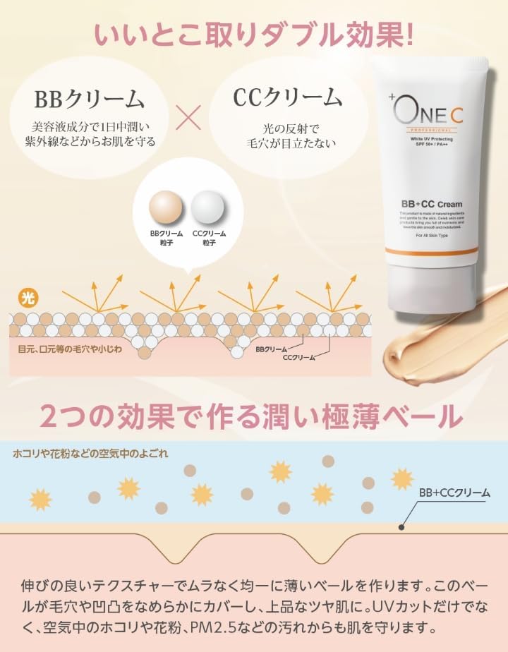 +ONEC BB+CC Cream Foundation, 1.4 oz (40 g), BB Cream, CC Cream, Tone Up, Sunscreen, UV Protection, UV Rays, SPF50+, PA++, Moisturizing, Sensitive Skin, Glossy Skin, 20s, 30s, 40s, 50s