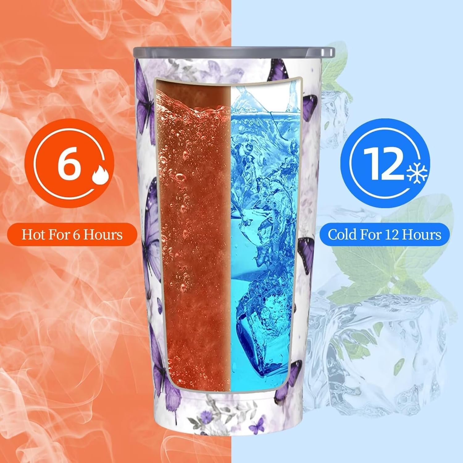 Vaso aislado de acero inoxidable de 20 onzas con tapa y pajilla, diseño vintage de mariposas florales, acuarela, taza de café, té, vino, botella de agua para mujeres y hombres