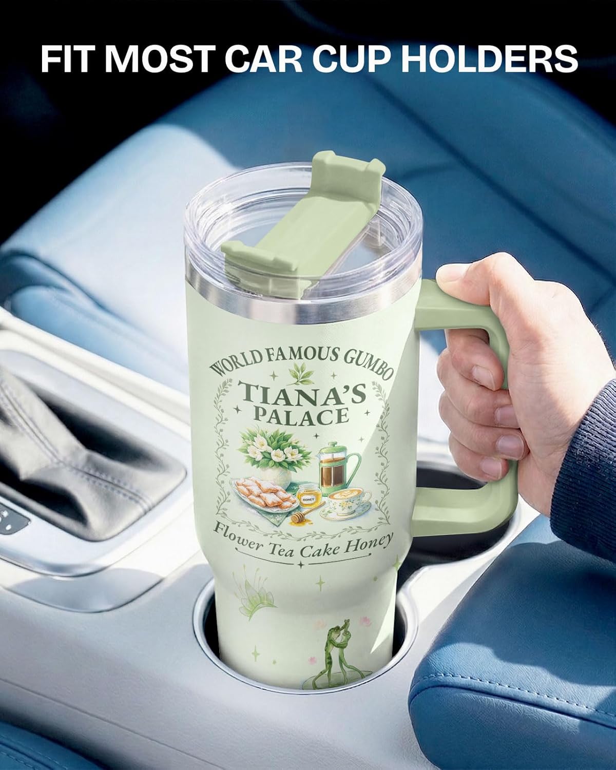 34HD Vaso de princesa rana de 40 onzas, taza de viaje aislada de acero inoxidable con asa y tapa con pajilla, regalo de cumpleaños, taza de películas de princesa de cuento de hadas para mujer