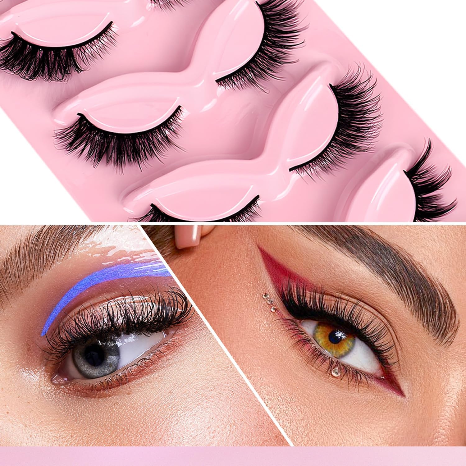 WALWAL Fox Fake Eyelash, Natural Curl Fake 3D Volume Mink Lashes for Cat Eye Makeup, Soft and Fluffy Whispy Lush Strips(5 Pairs Hybrid Set)