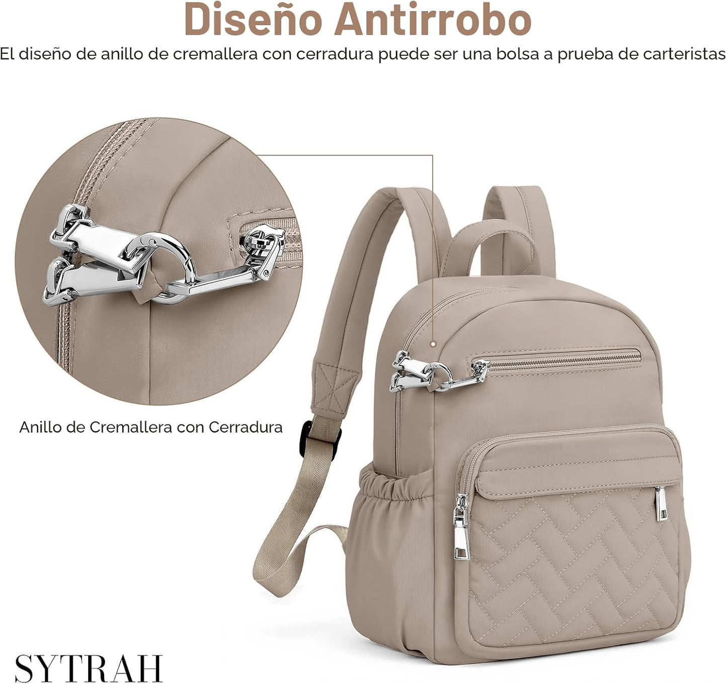 SYTRAH - Mochila antirrobo para mujer, mochila de viaje acolchada impermeable con cremalleras de bloqueo y monedero, mochila acolchada compacta para el trabajo, viajes y aeropuerto, elegante y ligera caqui