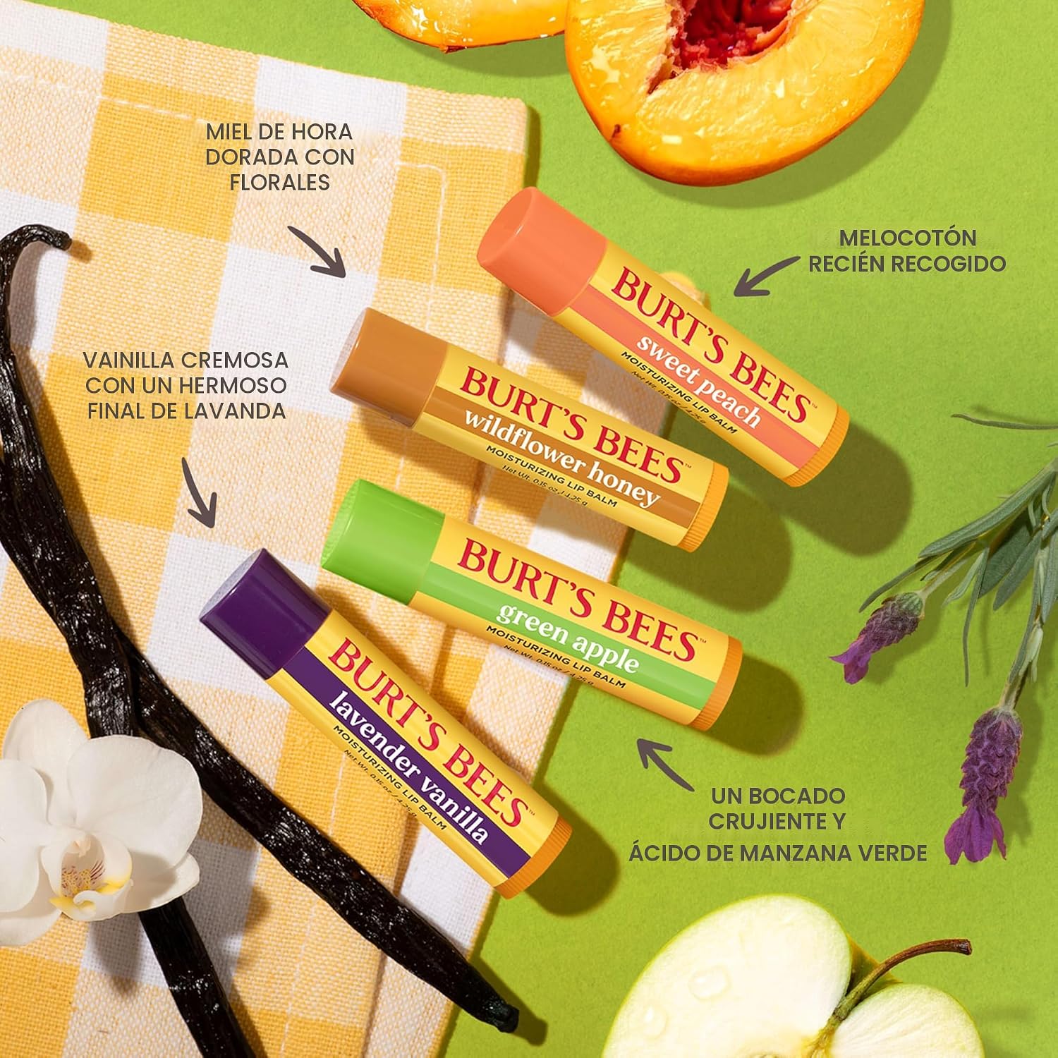 Burt's Bees Gifts Ideas - Juego de bálsamo labial para fiesta de jardín, vainilla lavanda, melocotón dulce, manzana verde, miel de flores silvestres, con cera de abejas de origen responsable, tratamiento labial de origen natural, 0.15 onzas, cuatro tubos