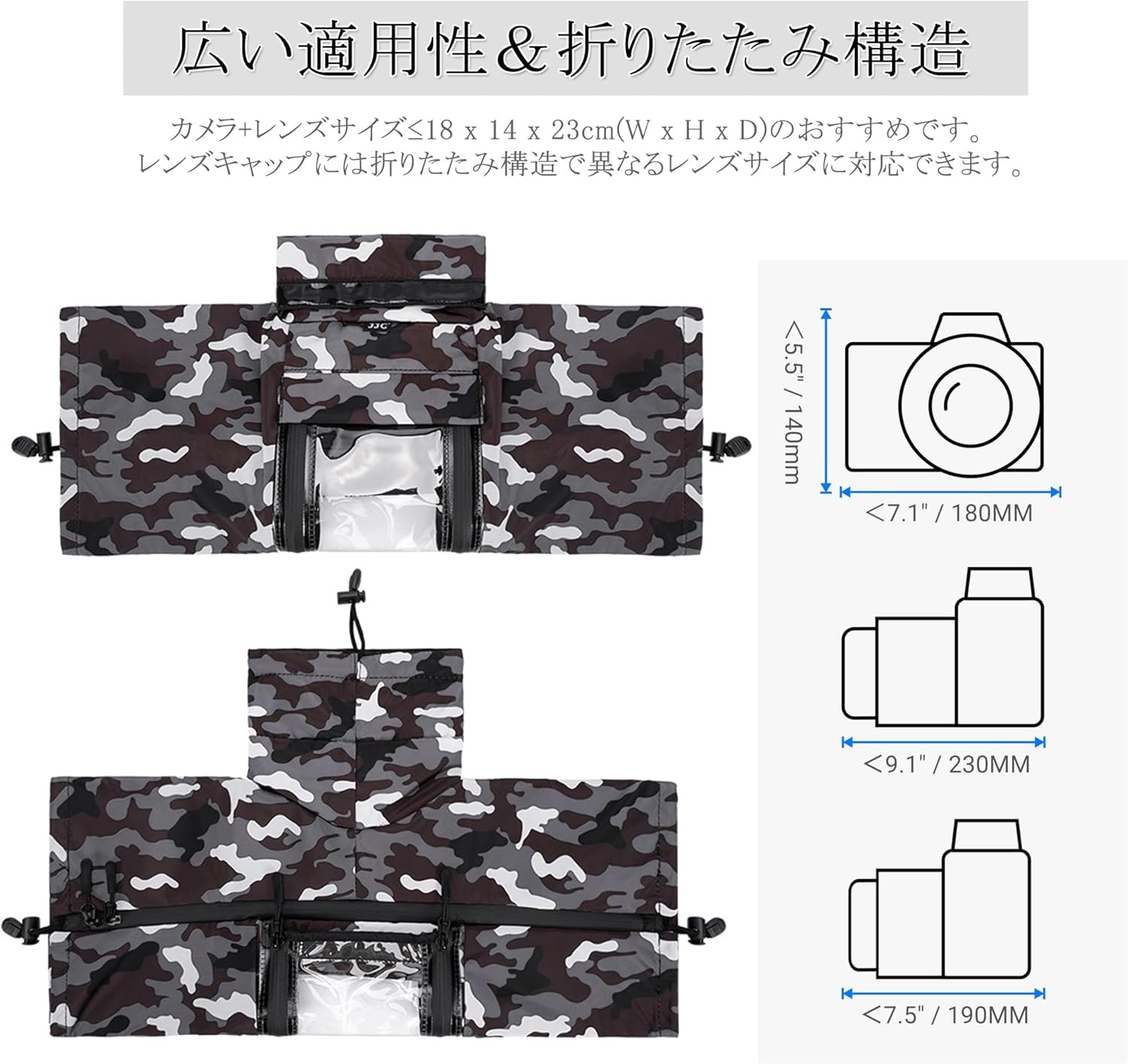 JJC Camera Raincoat Rain Cover (Transparent Window Opens) Camera + Lens Size ≤ 7.1 x 5.5 x 9.1 inches (18 x 14 x 23 cm), Waterproof Zipper, Compatible with Canon EOS R8, R7, R6, Mark II, R5, R10, Kiss