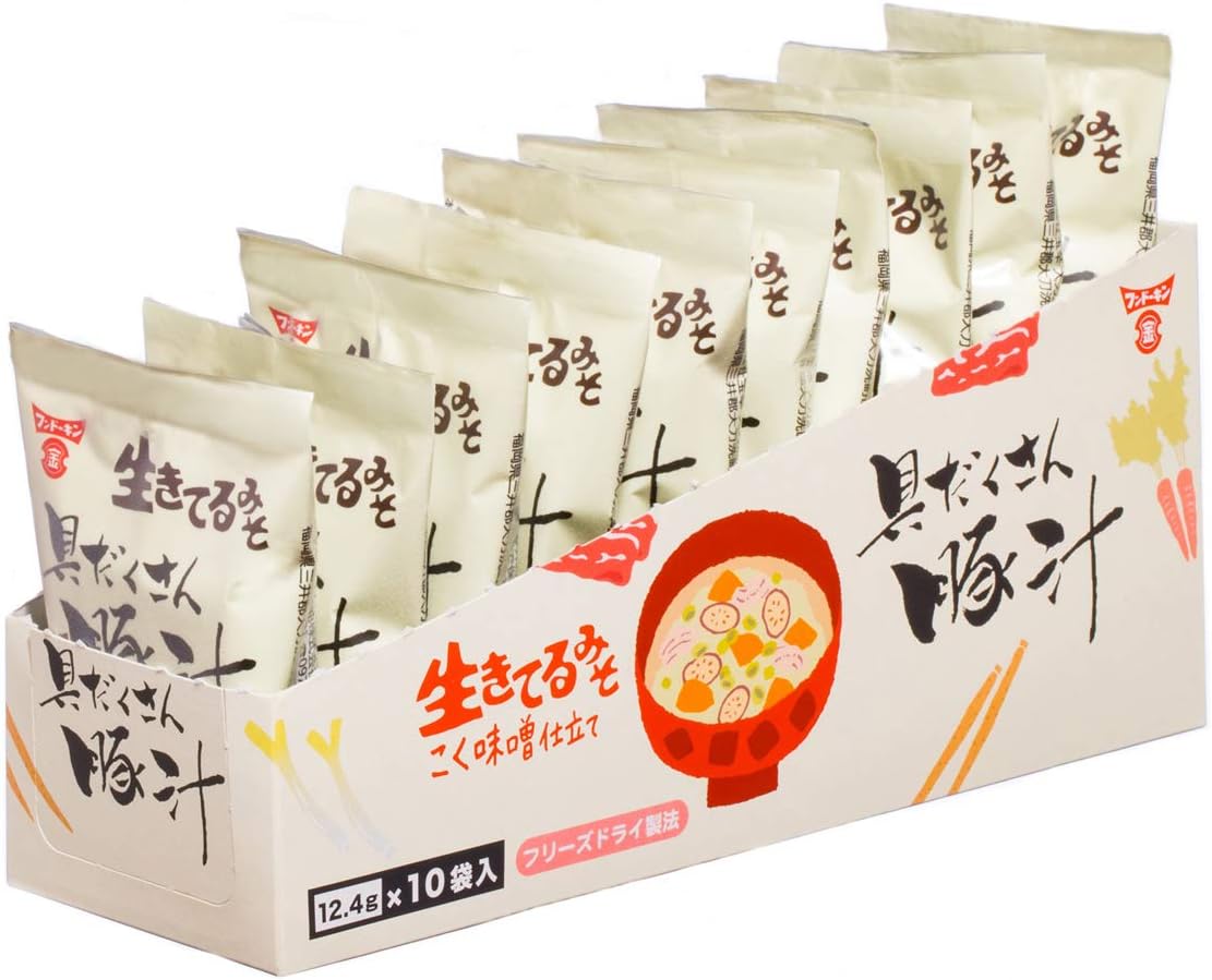 Fondukin Soy Sauce Freeze Dried Live Live Miso Mellow Pork Soup Set, 0.4 oz (12.4 g) x 10 Packs