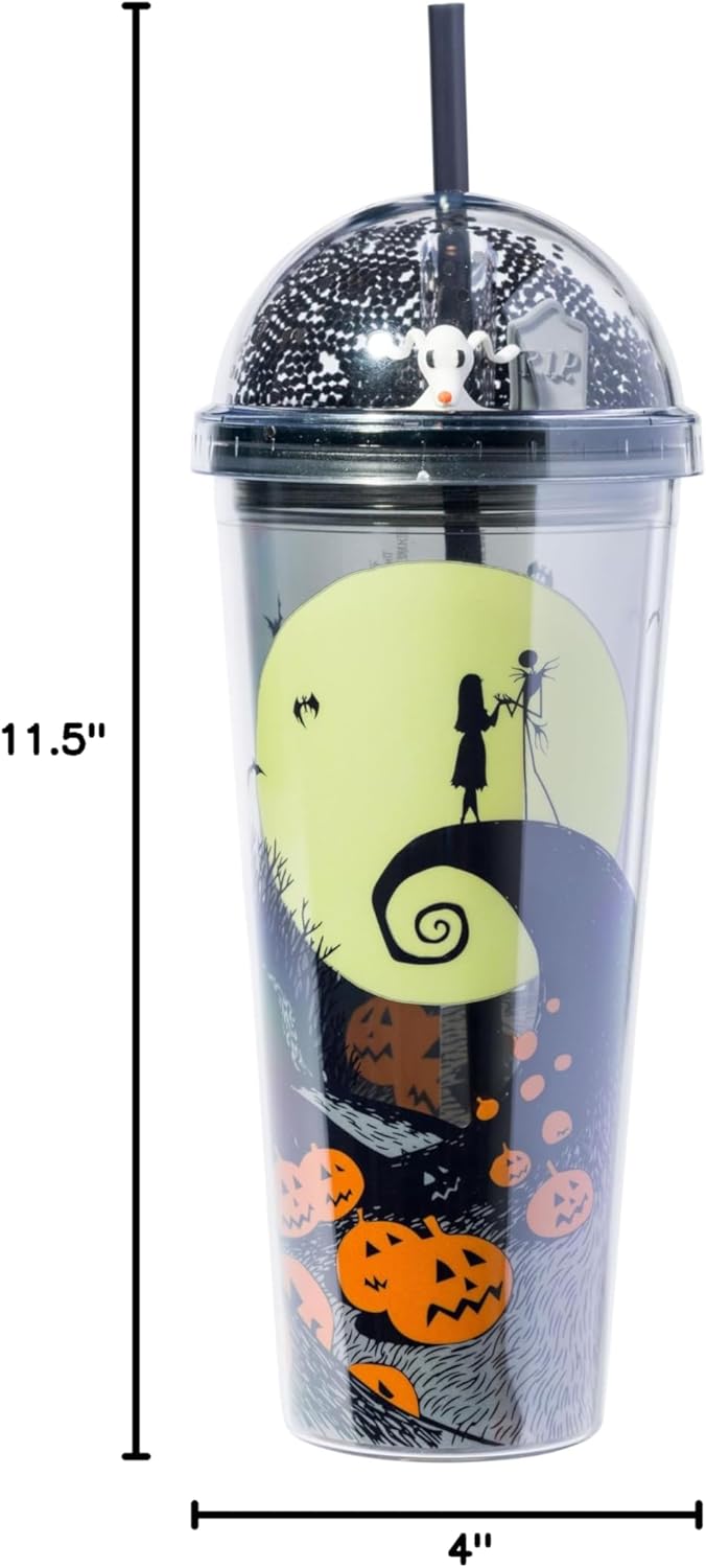 Silver Buffalo Disney Tim Burton Pesadilla antes de Navidad Escena de la Luna con Jack Skellington, Sally y Zero Taza de viaje con tapa brillante de cúpula, 710 ml