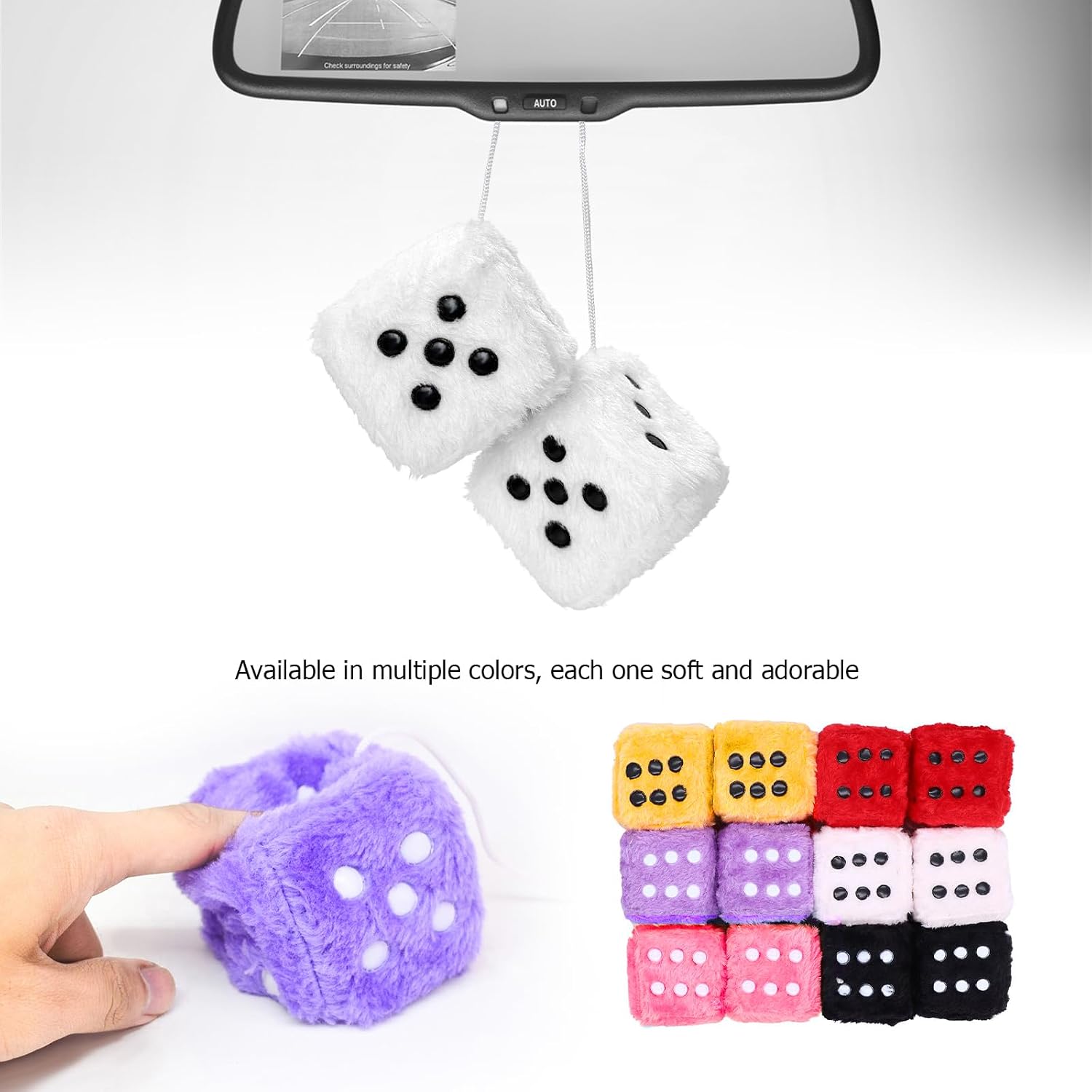 Par de dados de felpa mullidos para automóvil, 3 pulgadas, retro, cuadrado, espejo retrovisor, adorno colgante con puntos, dados de felpa suave, para pareja, bonita decoración de espejo para