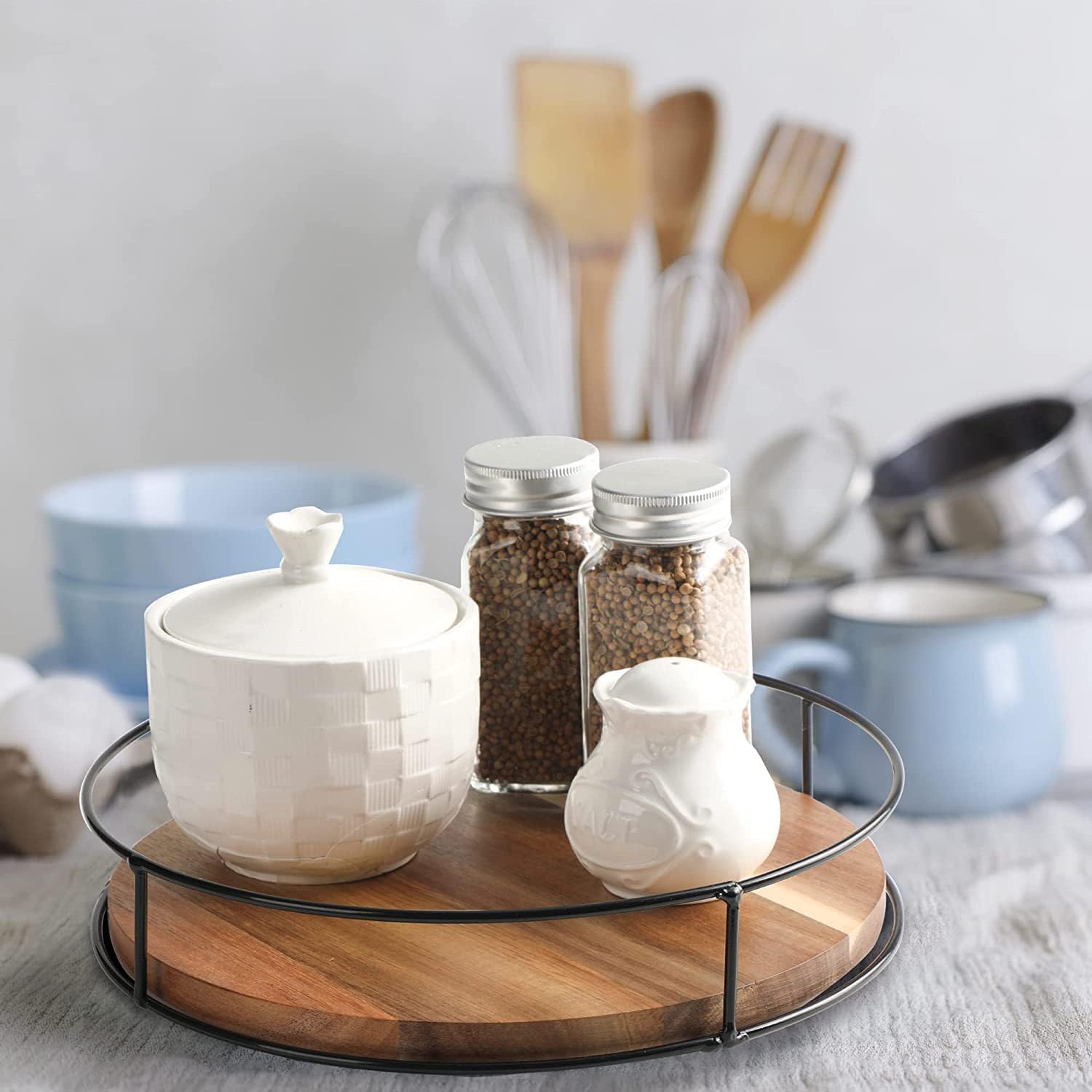 Multi-Function Rotating Storage Case, Natural Wood, Rotating Condiment Rack, Kitchen Spice Rack, Food Storage Tray, Refrigerator Storage Box, Cosmetics & Small Item Storage, Divider, Space-Saving