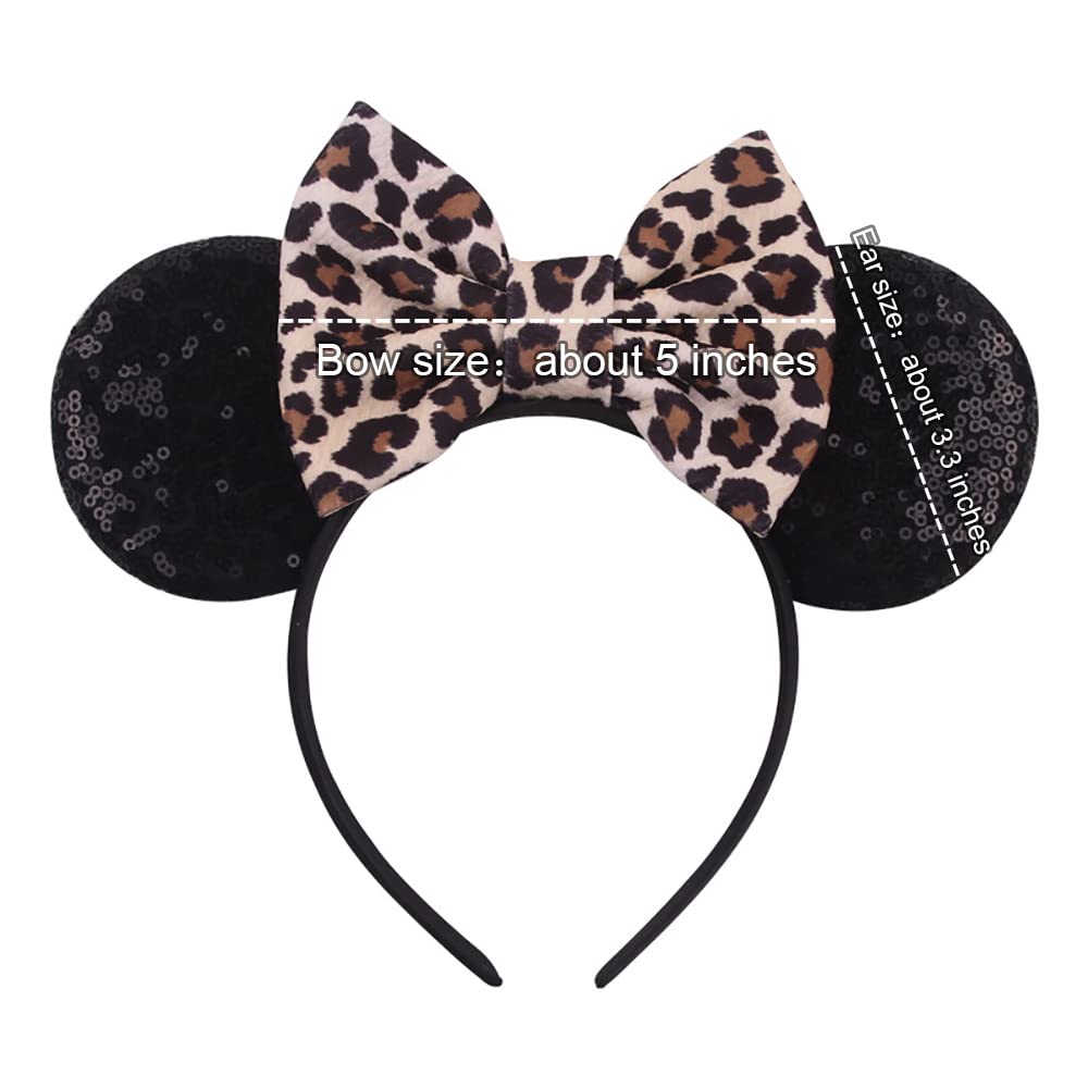Foeran - Diademas con orejas de ratón, arcos brillantes, orejas de ratón con purpurina, decoración para fiesta de princesa, disfraz para niñas y mujeres (impresión de leopardo-1)