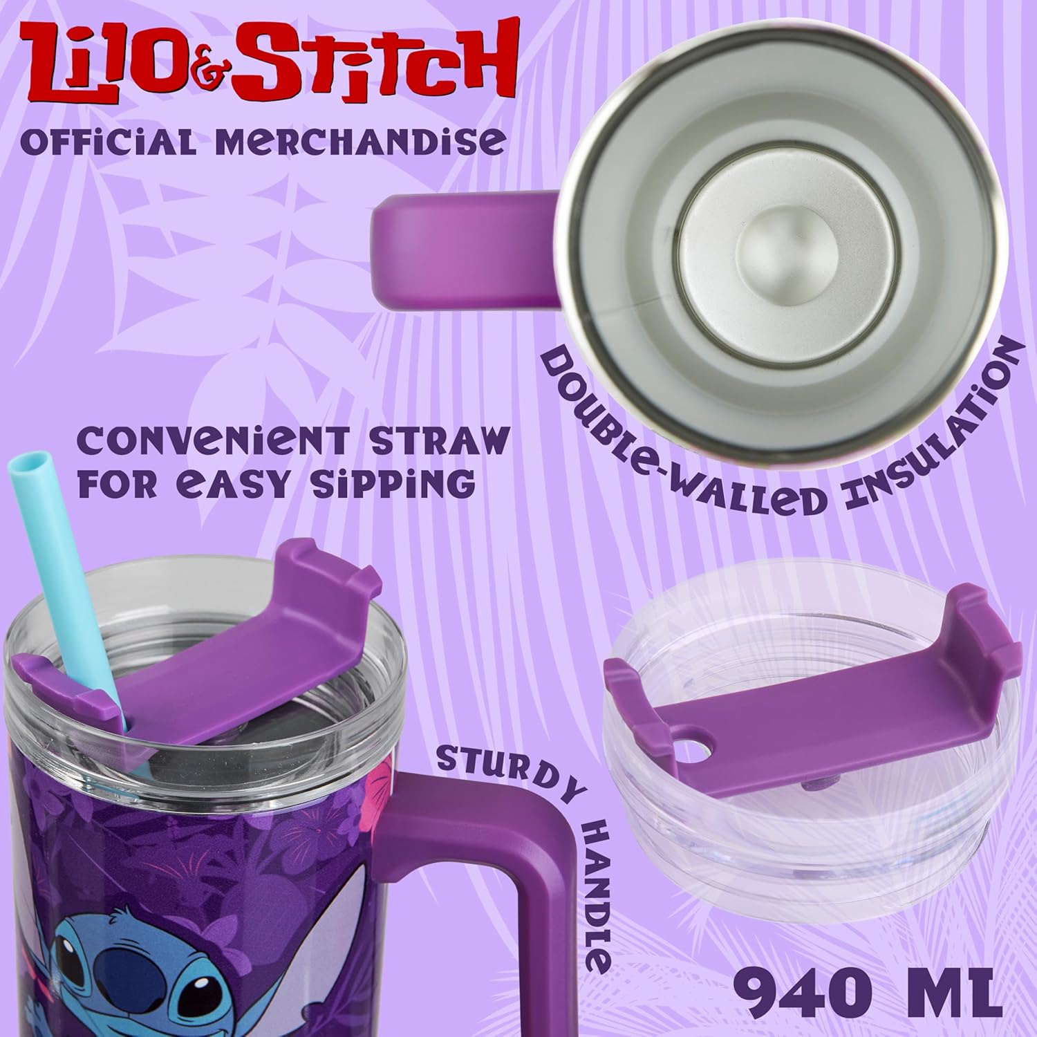 Taza de viaje aislada de Disney Stitch de 33 oz de acero inoxidable con asa y popote, botella de agua térmica de doble pared con aislamiento al vacío, compatible con portavasos para bebidas frías y