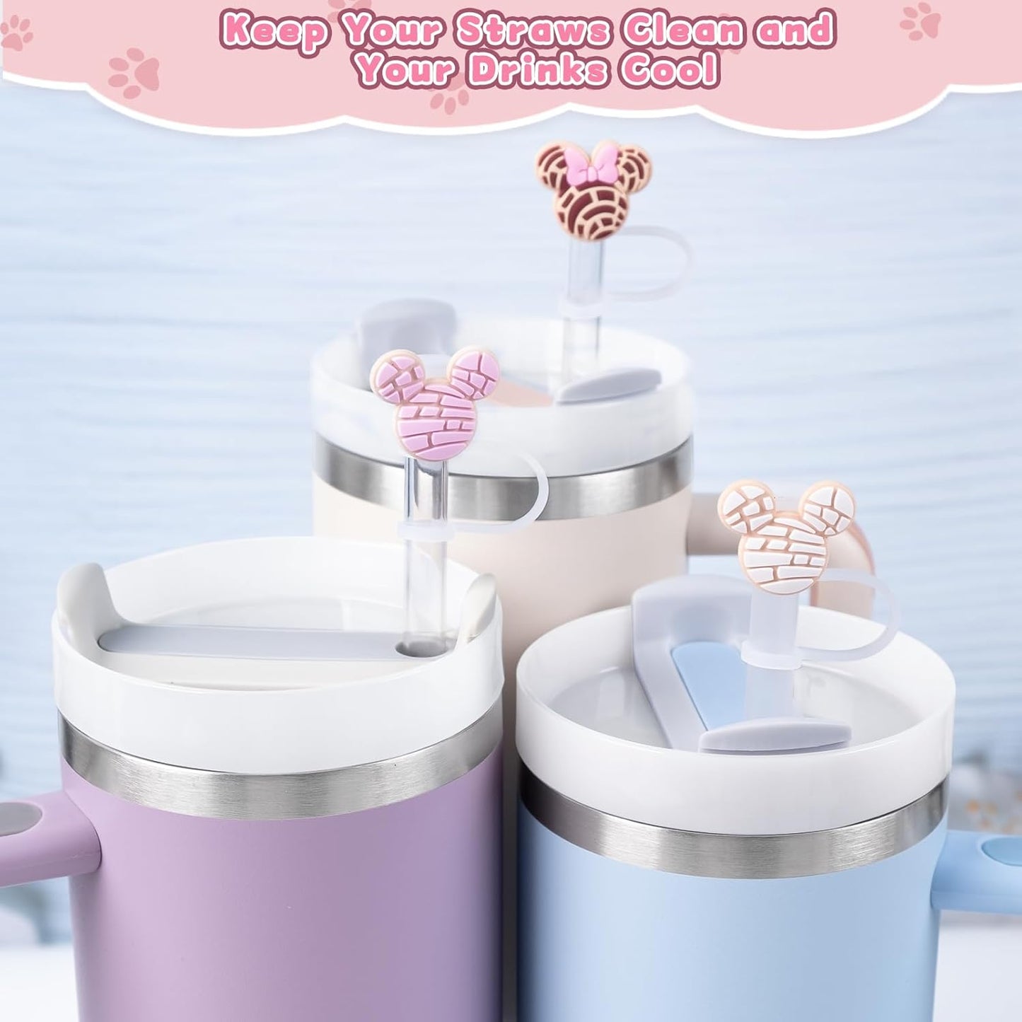 9 cubiertas de pajita para vaso Stanley Tumbler de 30 oz / 40 oz, tapas de pajita a prueba de fugas de 10 mm de silicona, lindas cubiertas para accesorios de vaso Stanley - Ratones rosados - 9 piezas