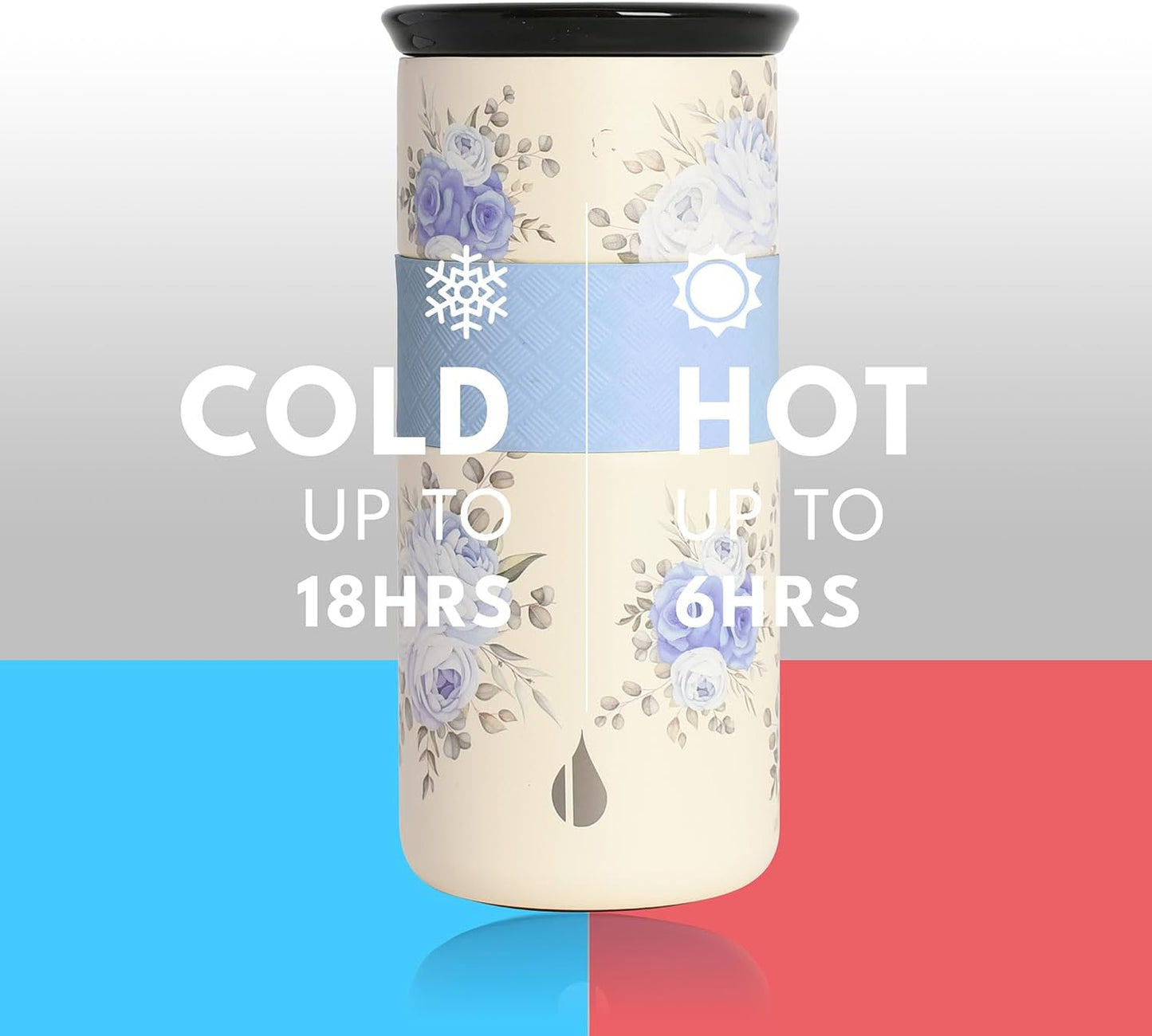 Elemental Vaso aislado artesanal, taza de viaje para café de triple pared, reutilizable, de acero inoxidable, con tapa de cerámica, tazas de café térmicas para bebidas calientes (6 horas) y frías (18 horas), 16 onzas, flores azules