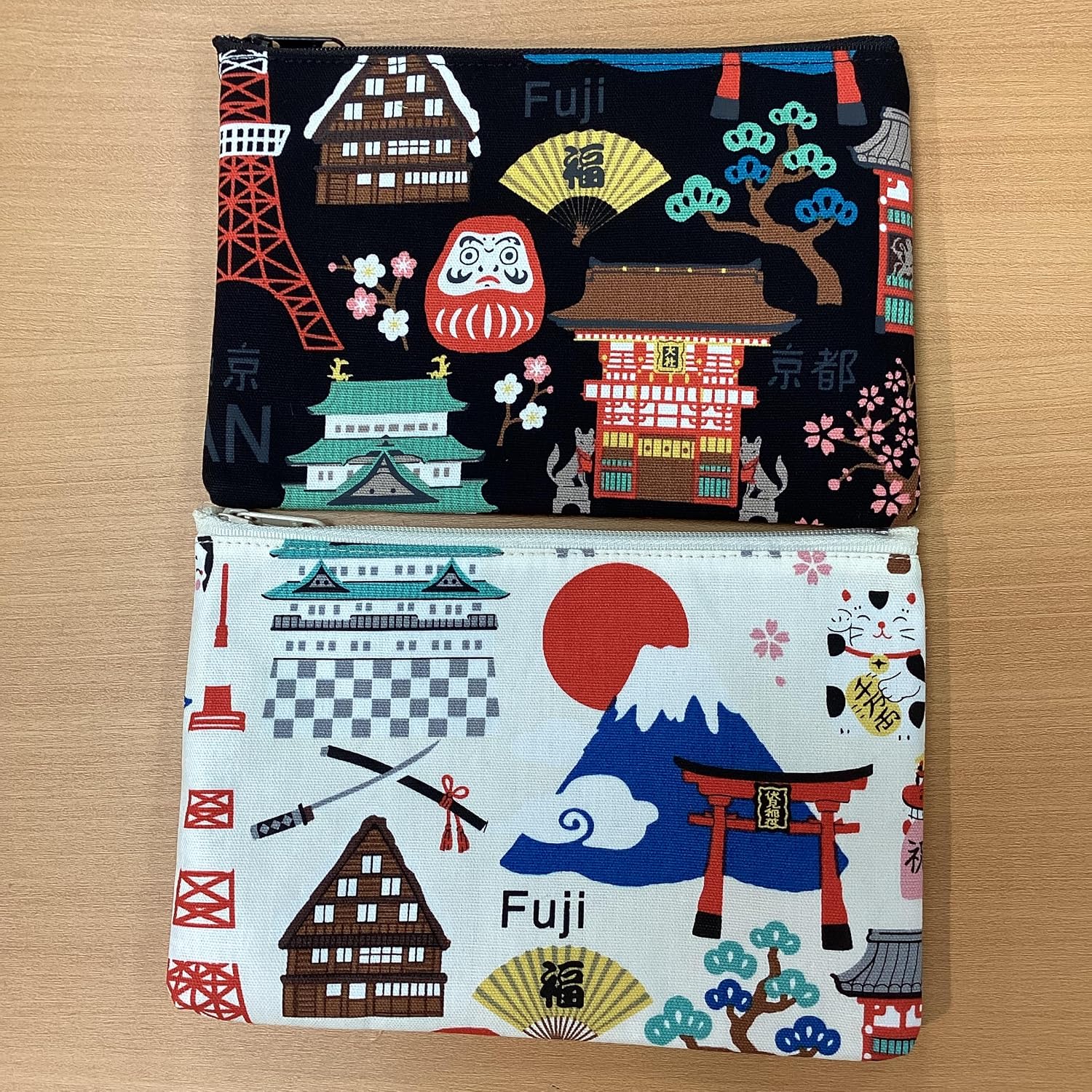 Kyoyu Pouch, Makeup, Cosmetics, Mt. Fuji, Tokyo, Kyoto Raimon, Kinkakuji, Cotton, 7.5 x 4.9 inches (19 x 12.5 cm), Make Up Trinket Case, Hello Nippon, Small, White